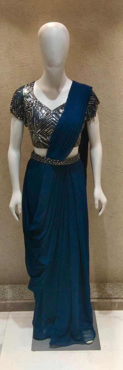 Teal heavy handwork Ready to wear saree
