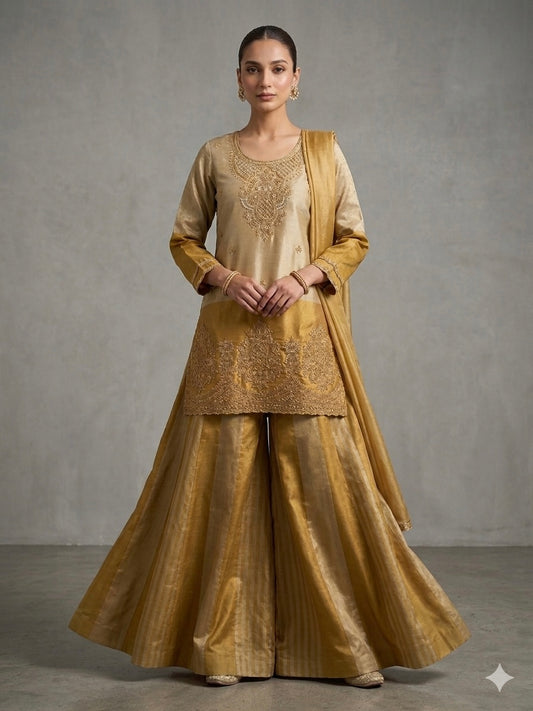 Gold handwork Tissue silk short top sharara suit