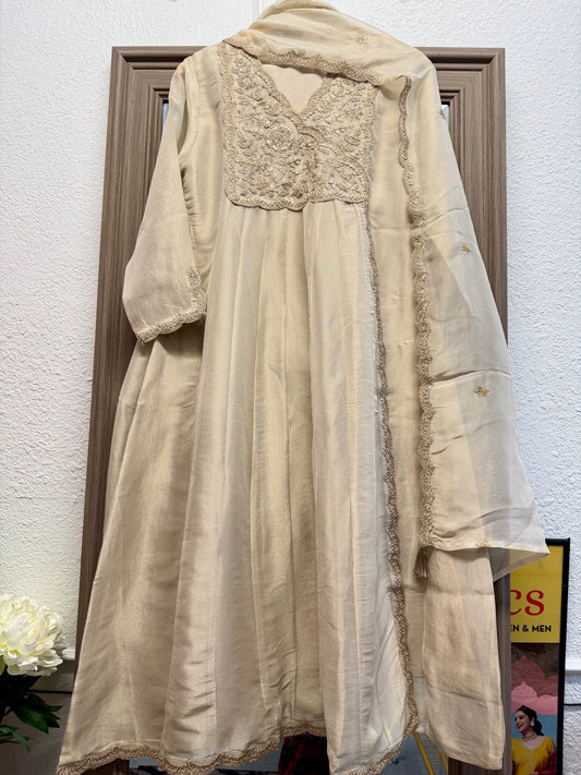 Ivory gold pure tissue elegant A line kurta set