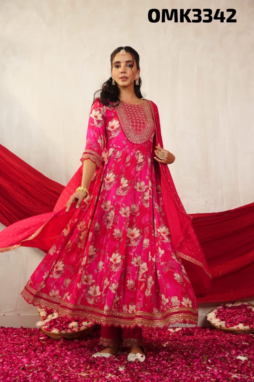 Hot pink floral pure chinnon silk anarkali kurta set
