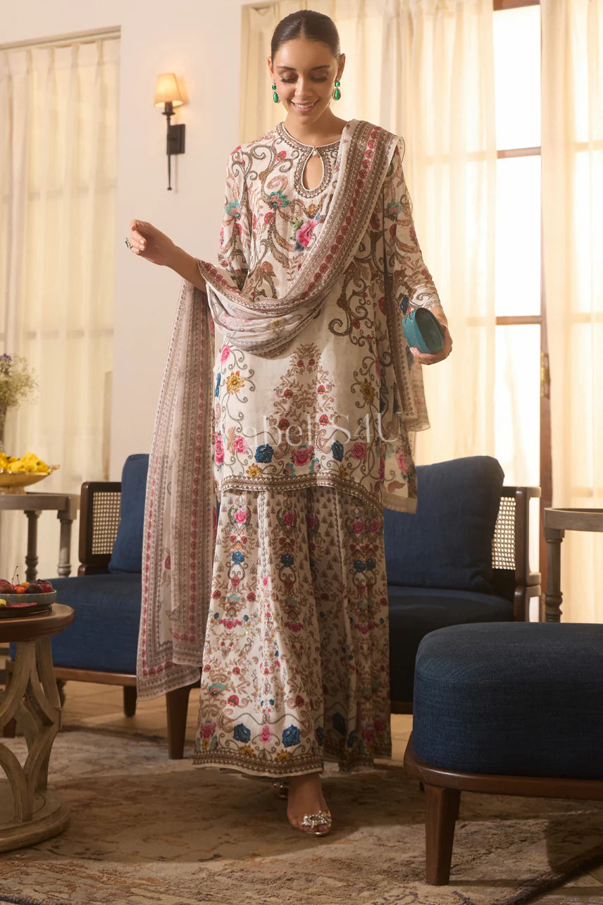 Off white digitally printed flowy sharara set