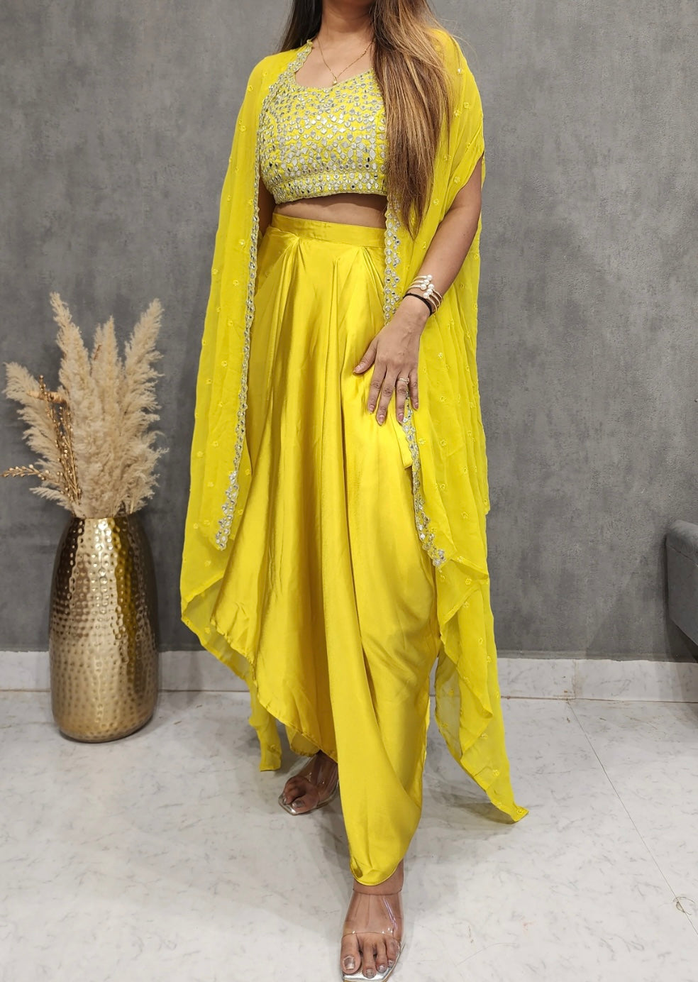 Lemon heavy mirror work partywear cowl set