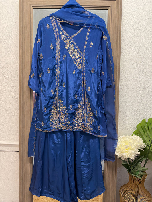 Royal blue pure crepe silk handwork sharara suit
