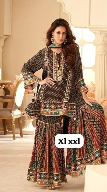 Designer super stylish pure crepe sharara suit
