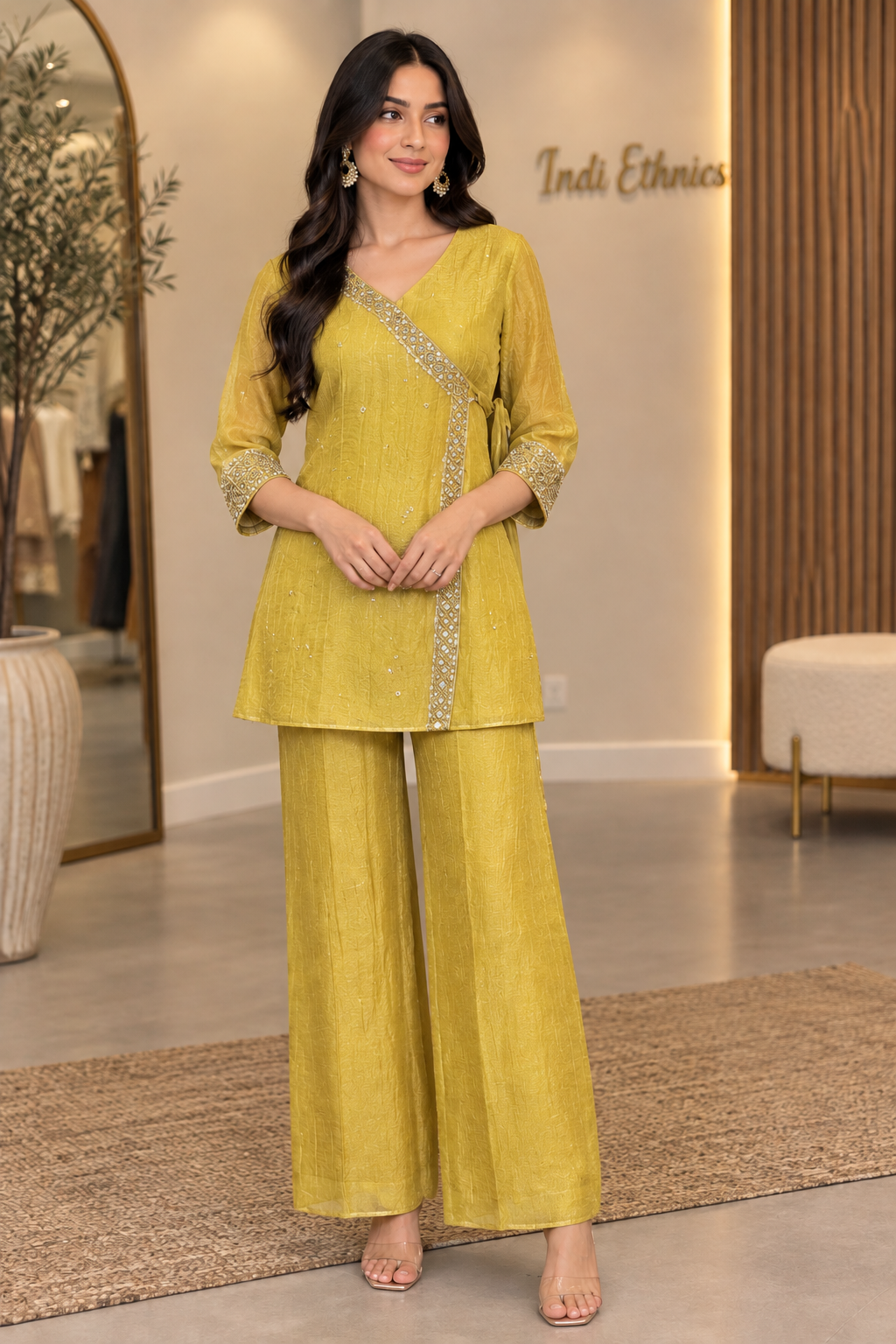 Yellow elegany sequin work angrakha style co-ord set