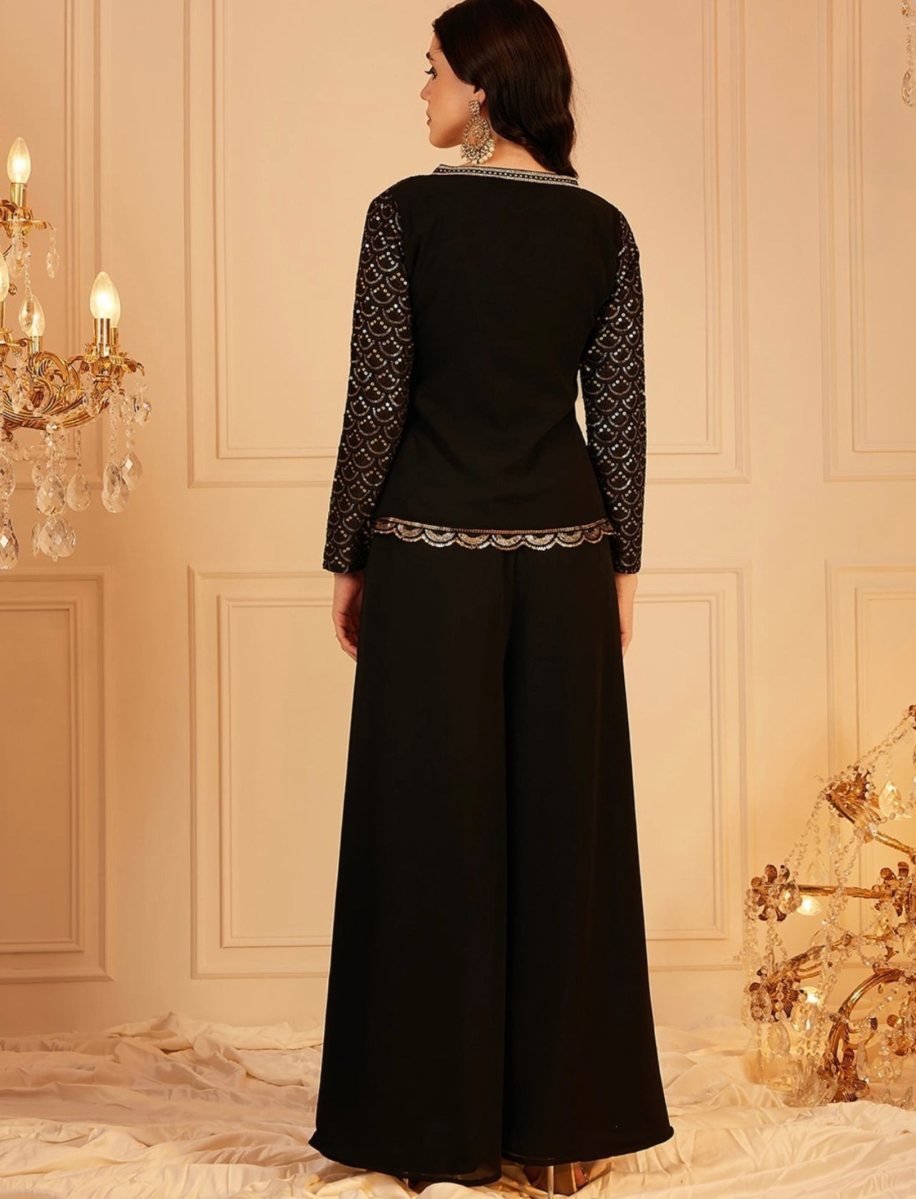 Black elegant sequence work short top palazzo set