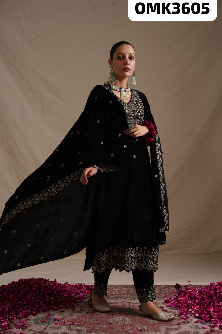 Navy blue heavy embroidered velvet suit