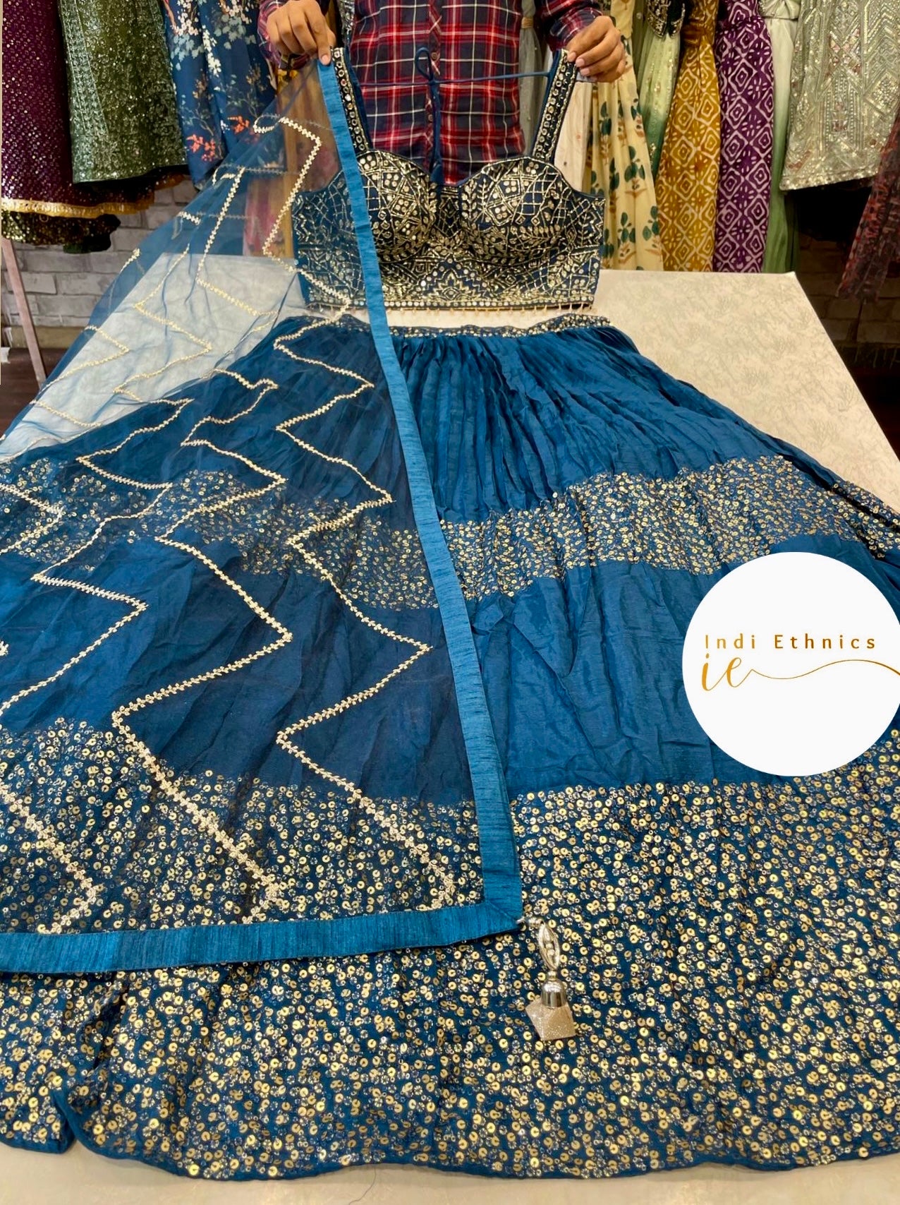 Teal blue Heavy mirror work Lehenga choli