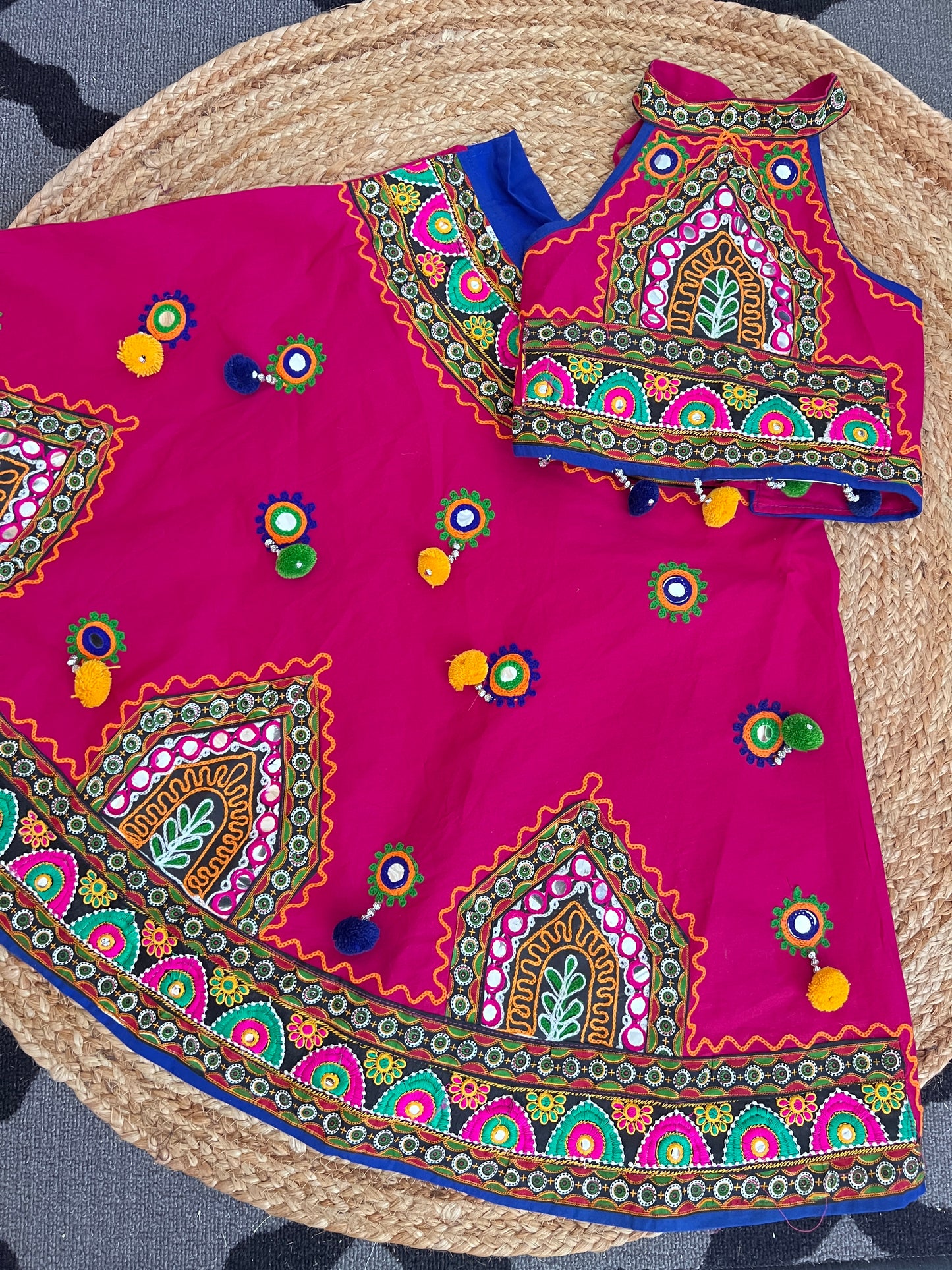 Girls Pink mirror work halter neck chaniya choli lehenga