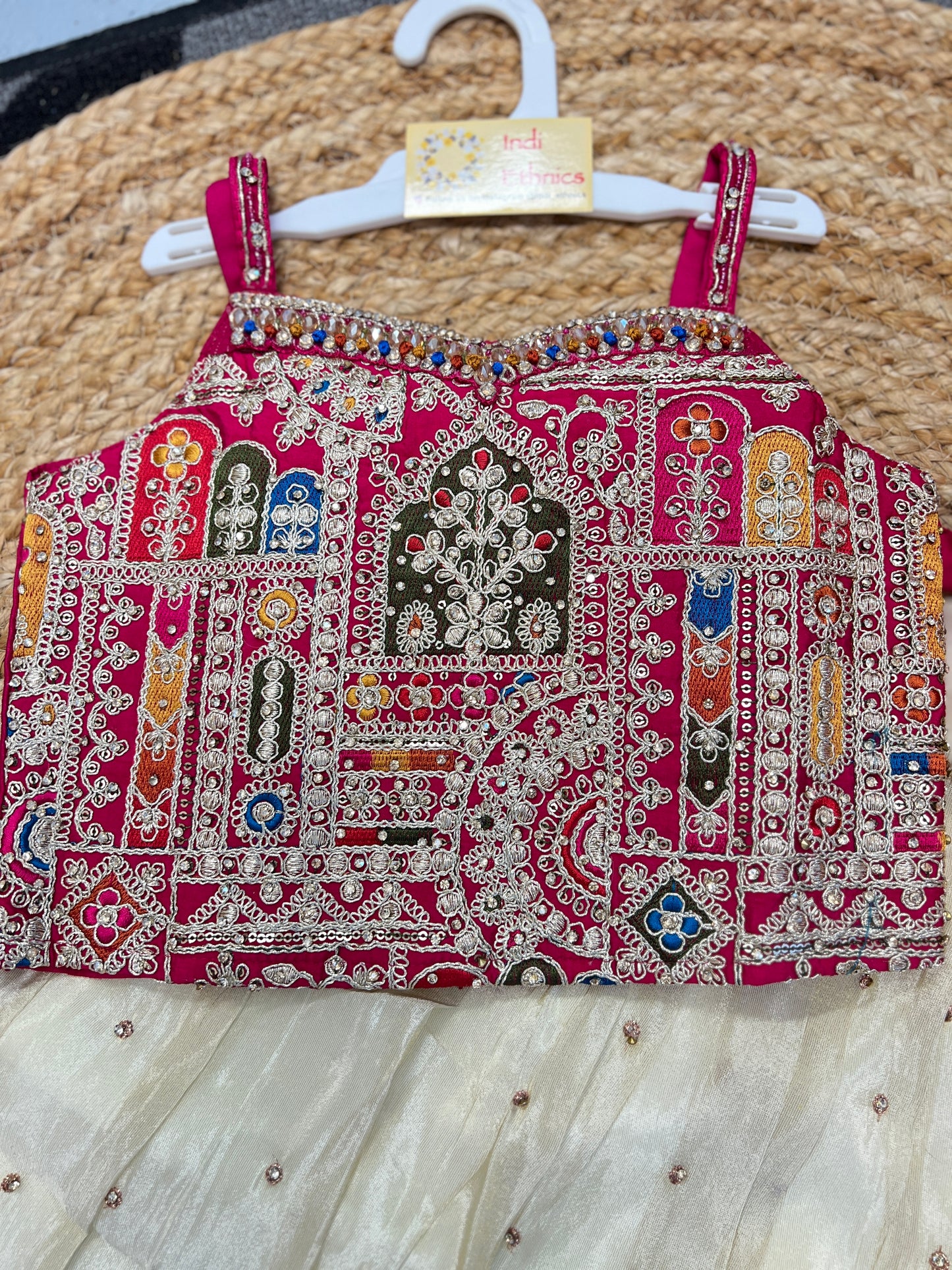 Girls Pink and off white heavy work lehenga choli dupatta