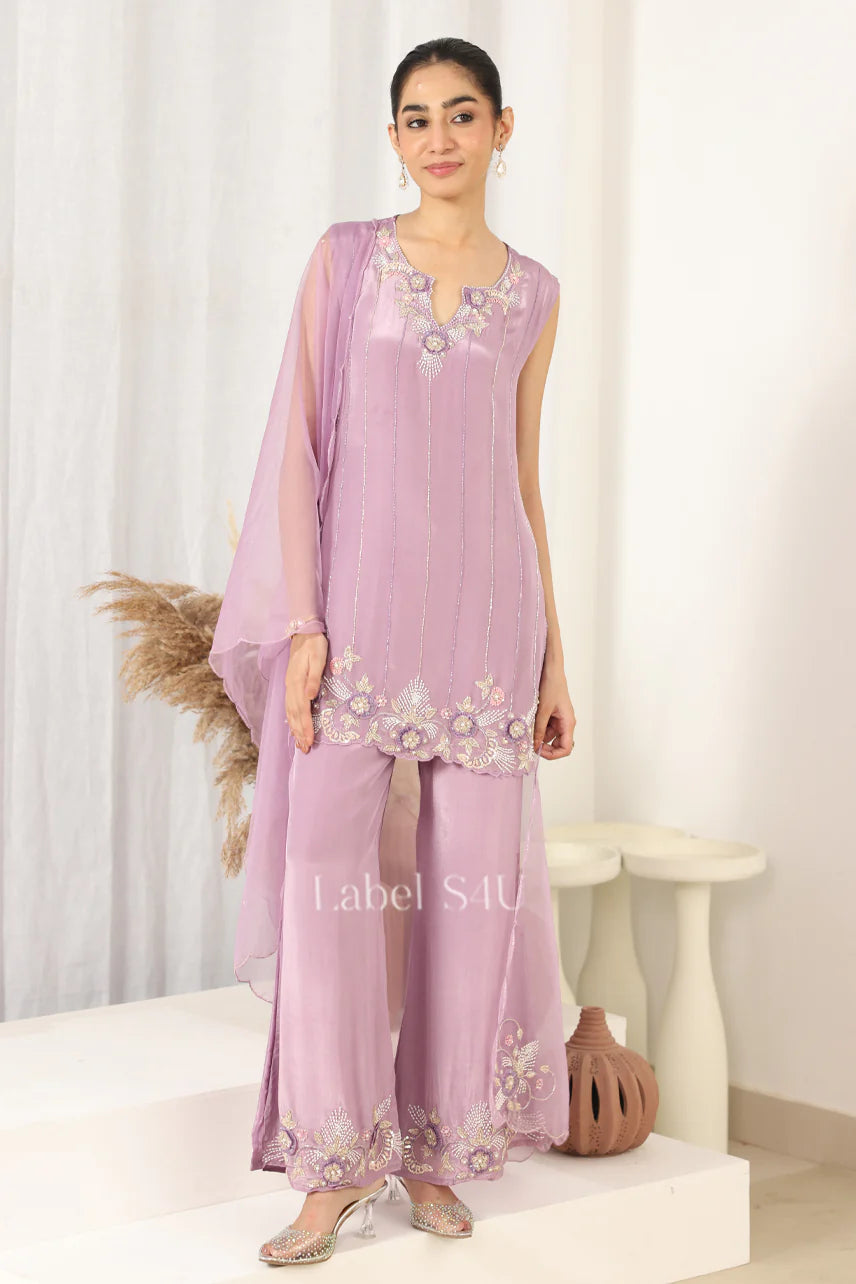 Lavender pure crepe stylish handwork palazzo suit sleeveless