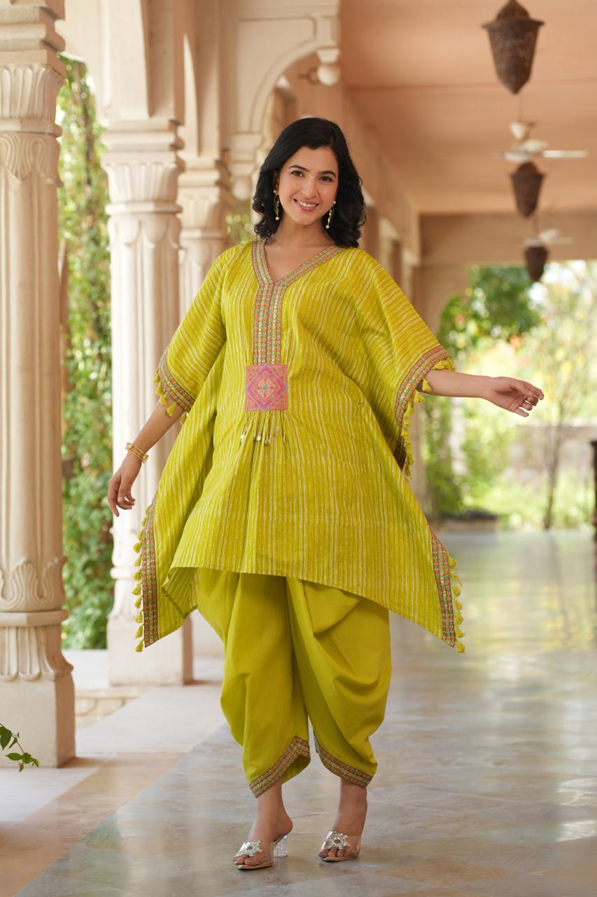 Parrot green pure cotton embroidered kaftan set