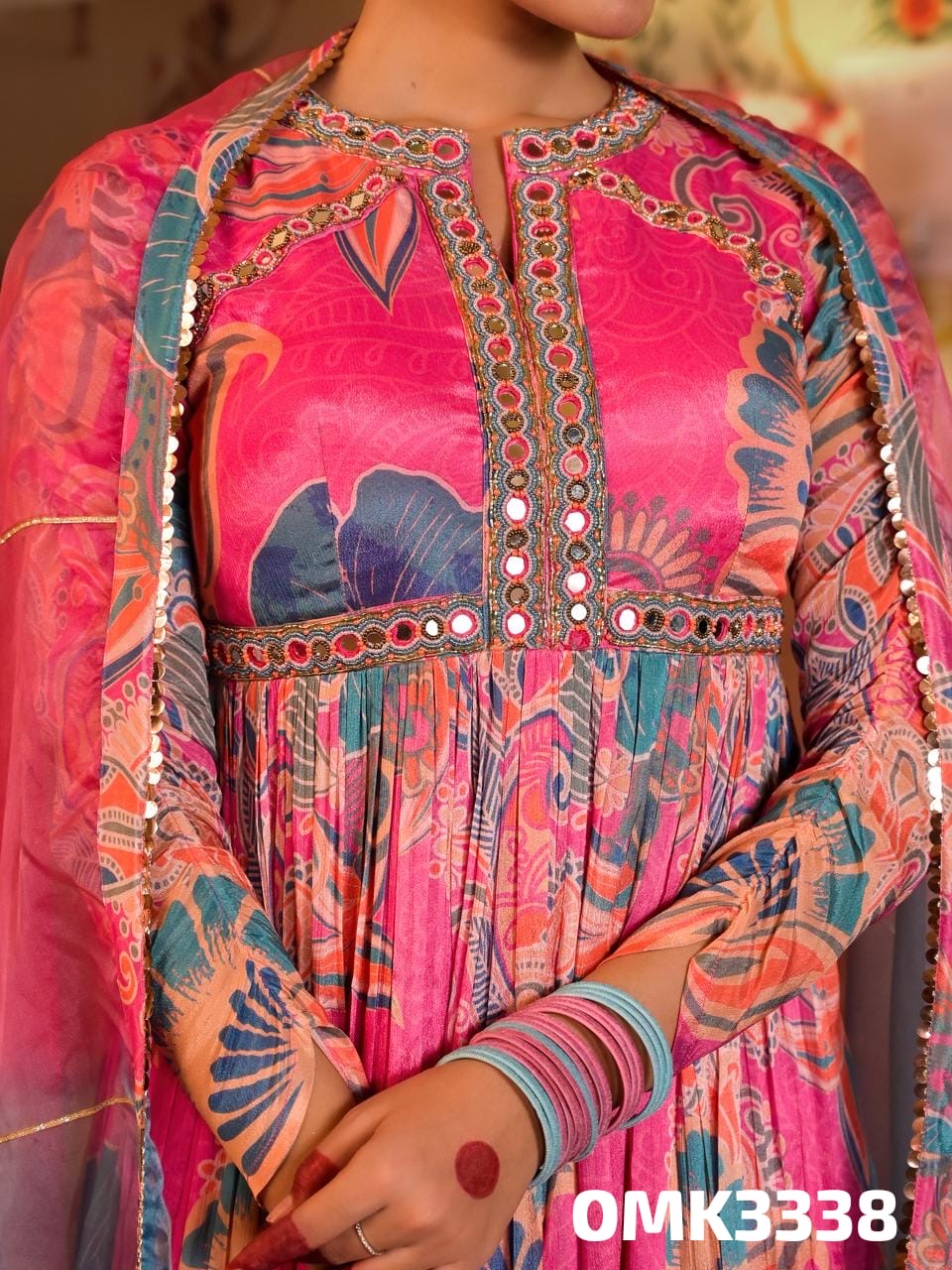 Pink floral long pure chinnon kurta set
