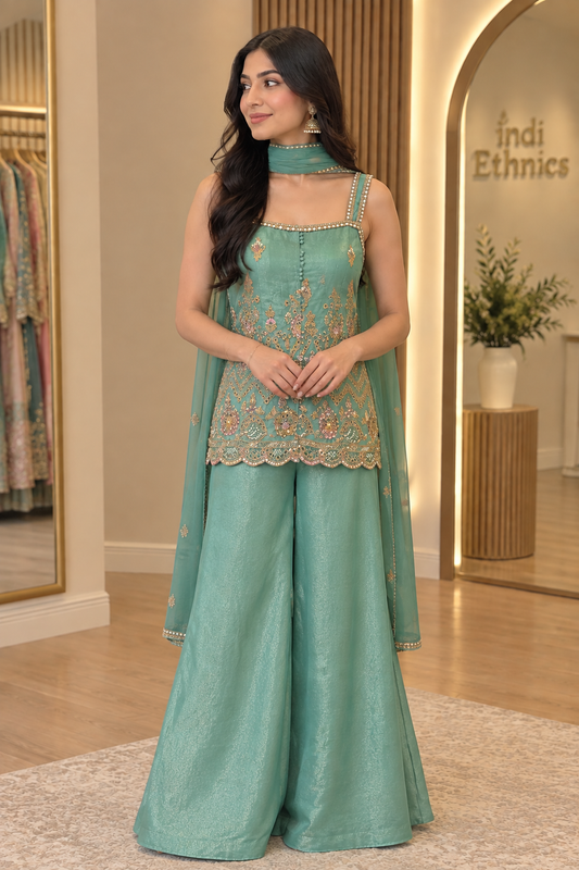 Mint green heavy handwork short top sharara suit
