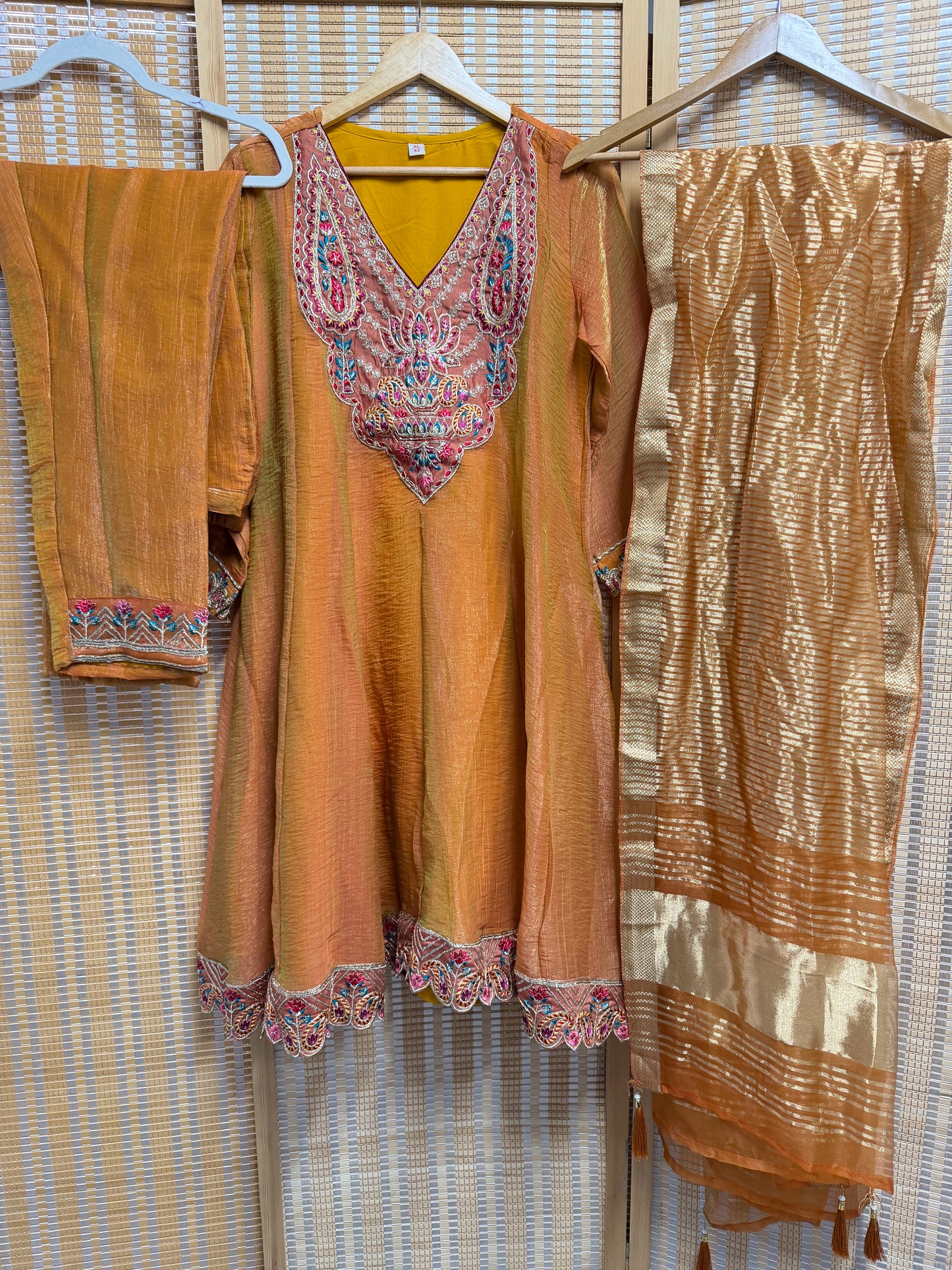 Mango embroidered fendy tissue short anarkali suit