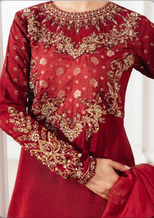 Maroon heavy handwork suit with heavy dupatta