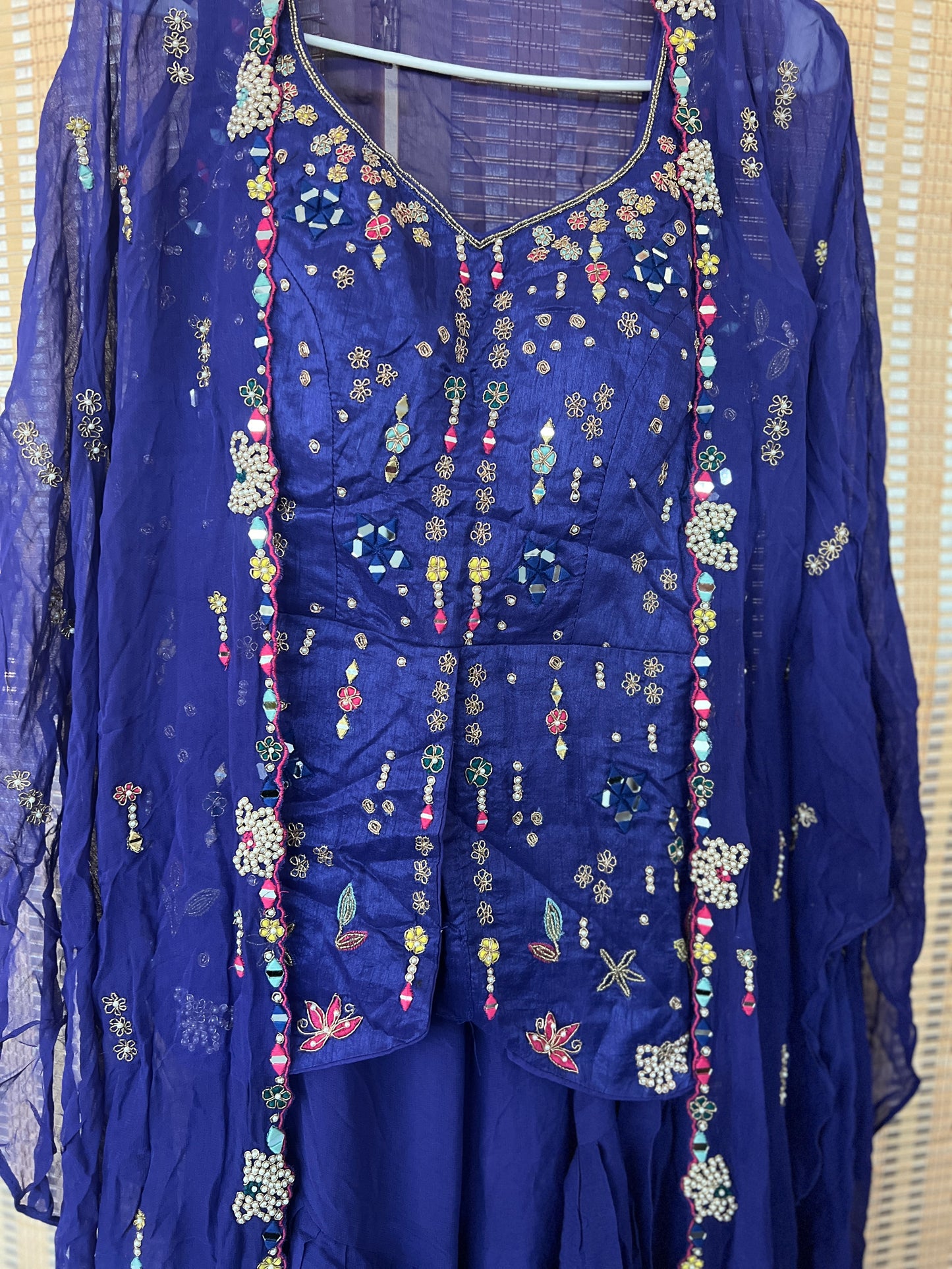 Royal blue heavy handwork and mirror work sharara set with shrug indo western