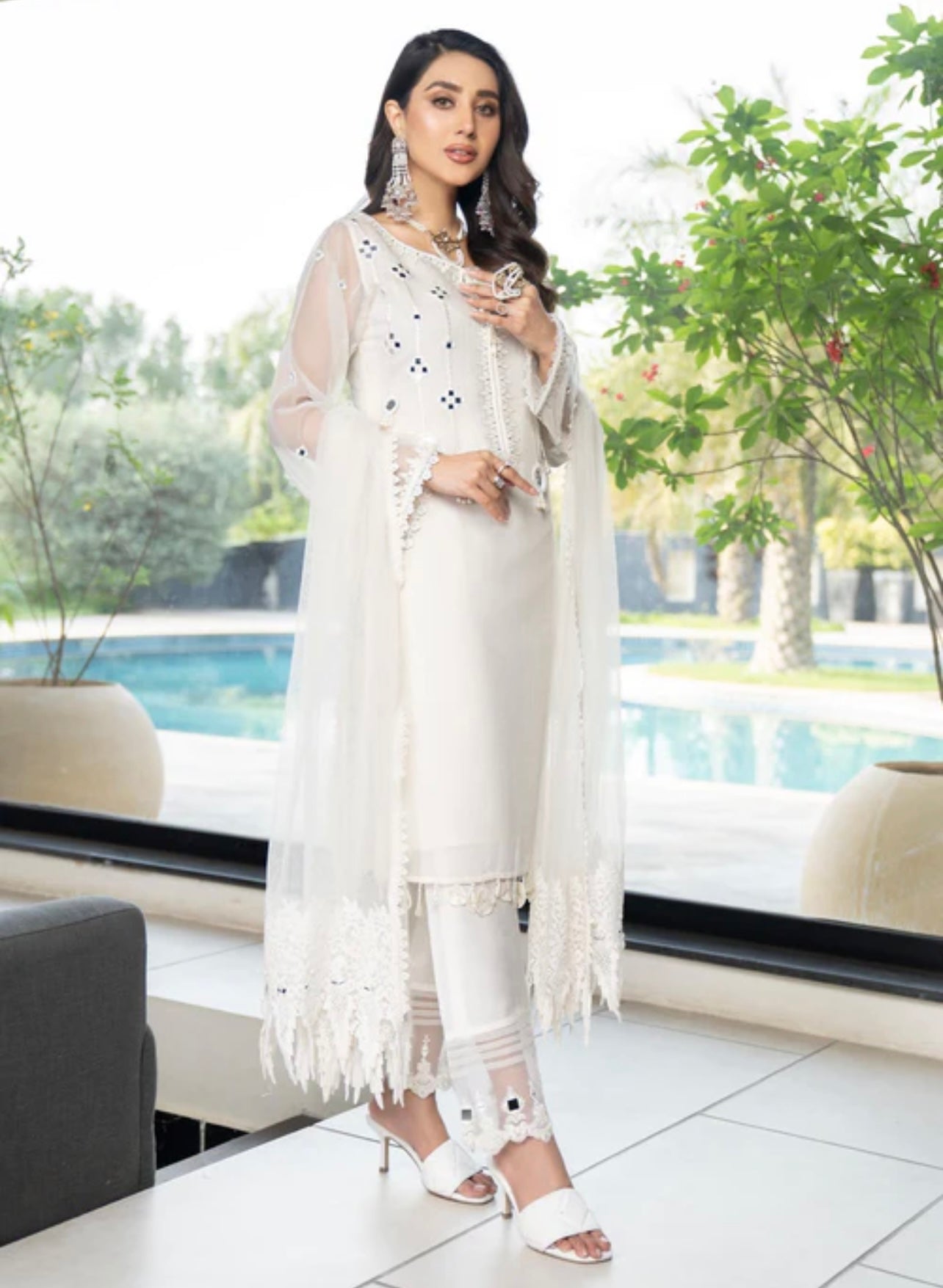 Pure White beautiful mirror work suit