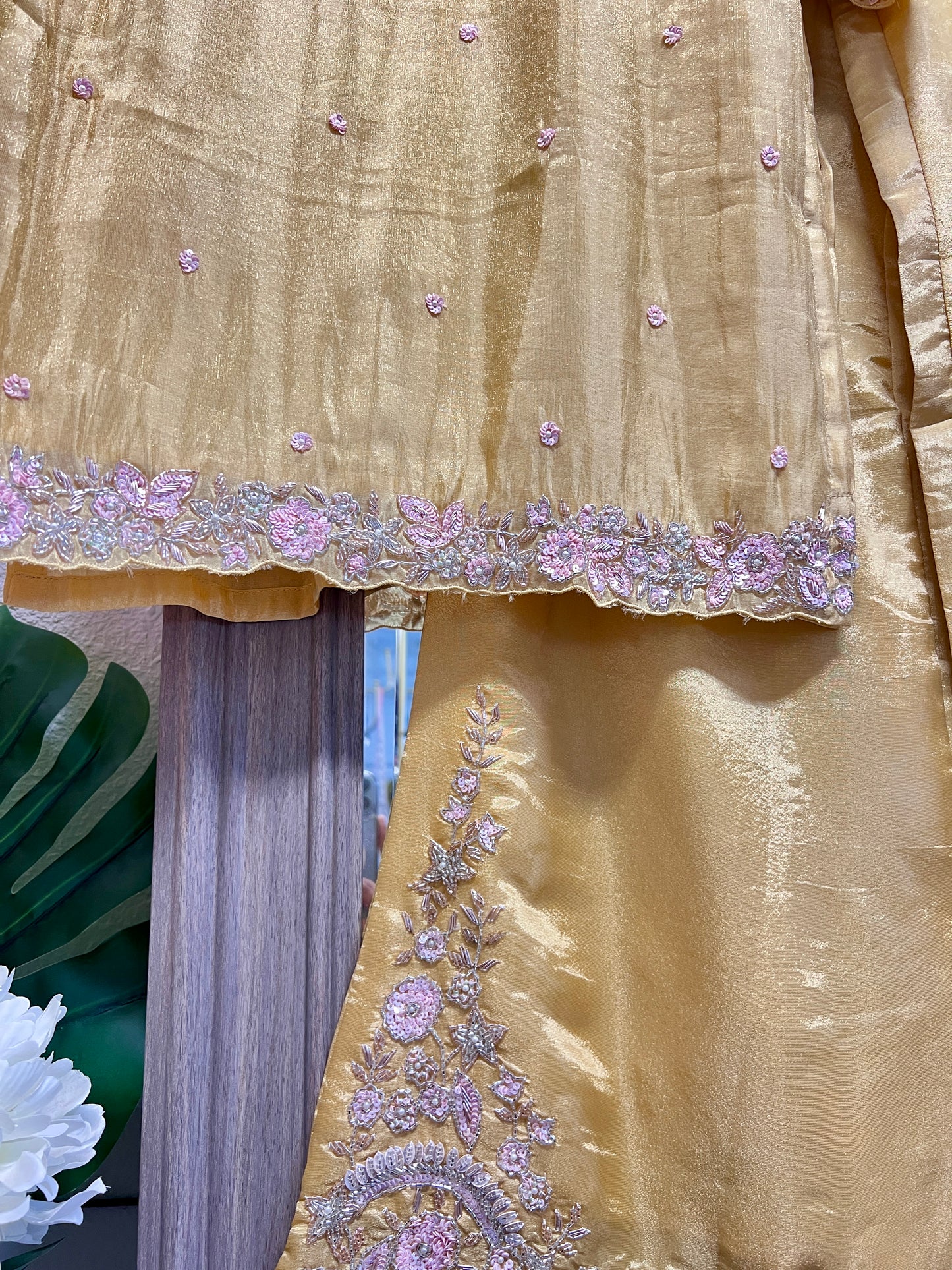 Lemon yellow pure shimmer tissue heavy handwork palazzo suit