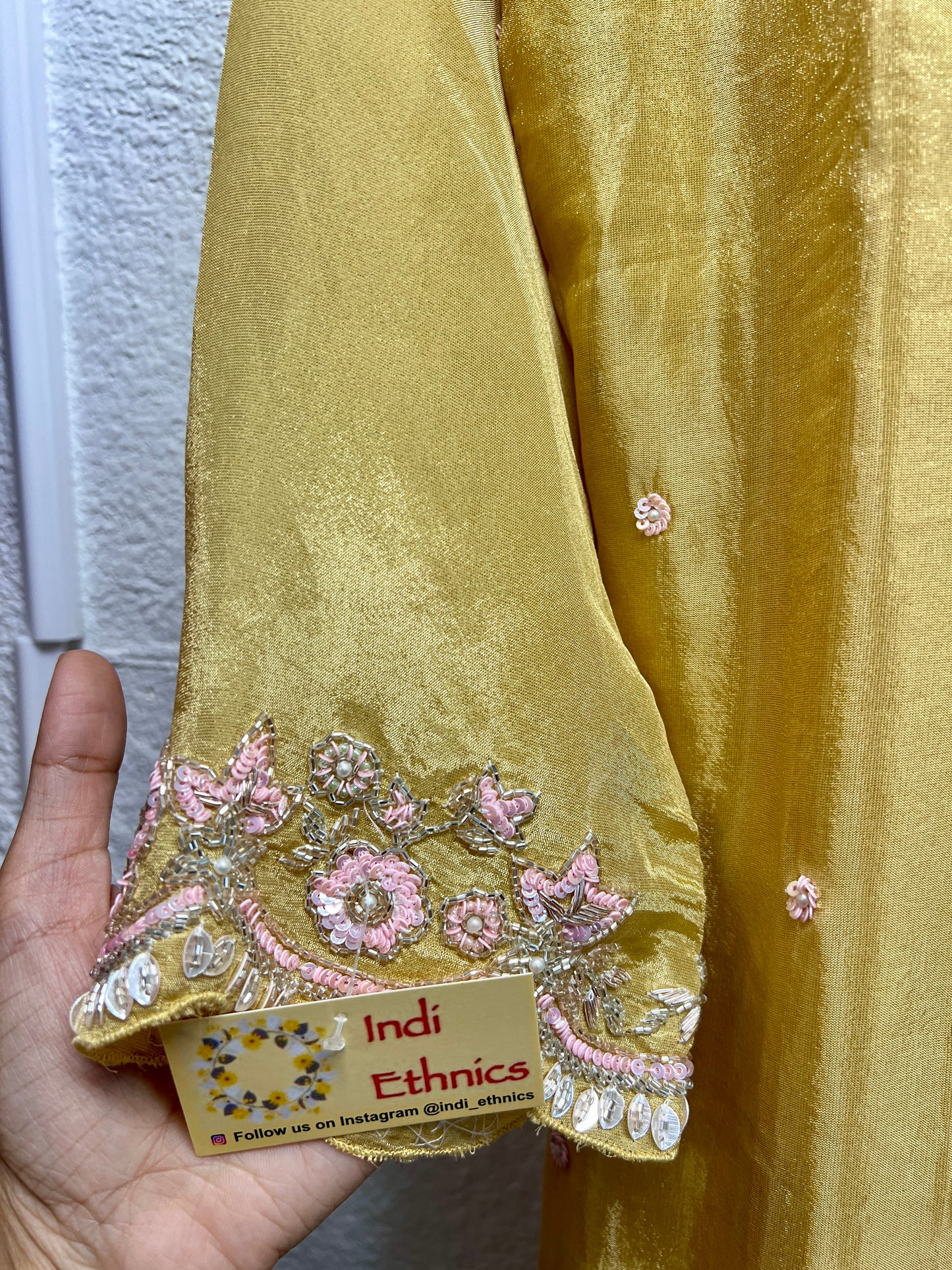 Lemon yellow pure shimmer tissue heavy handwork palazzo suit