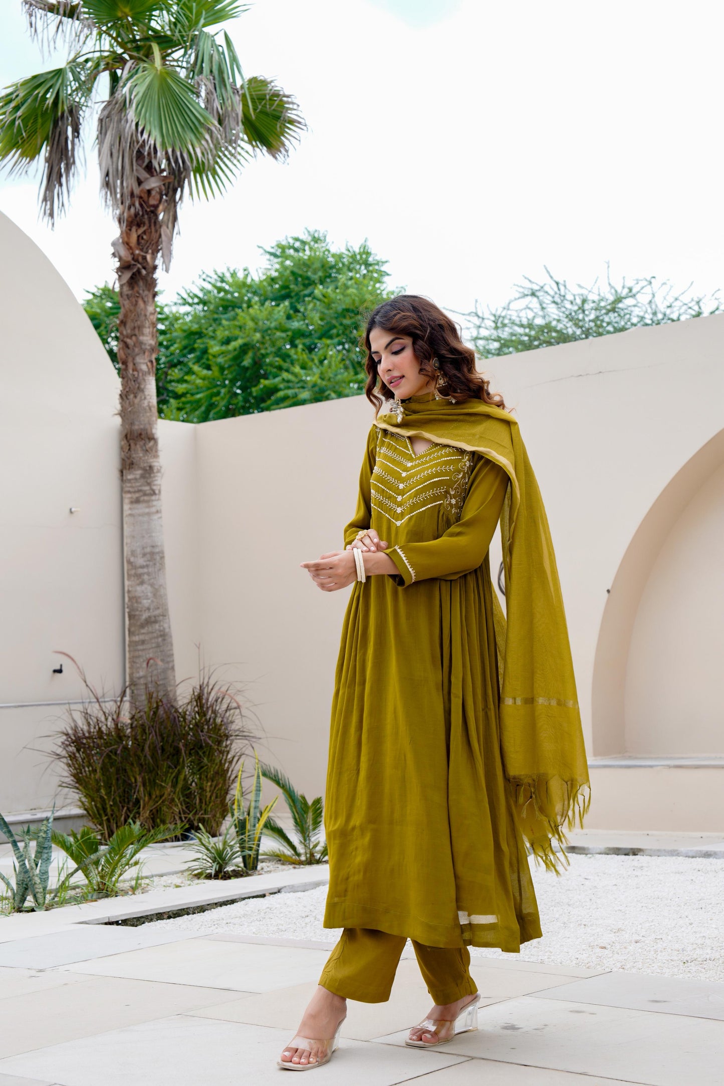 Green pure mul chanderi stunning A line suit