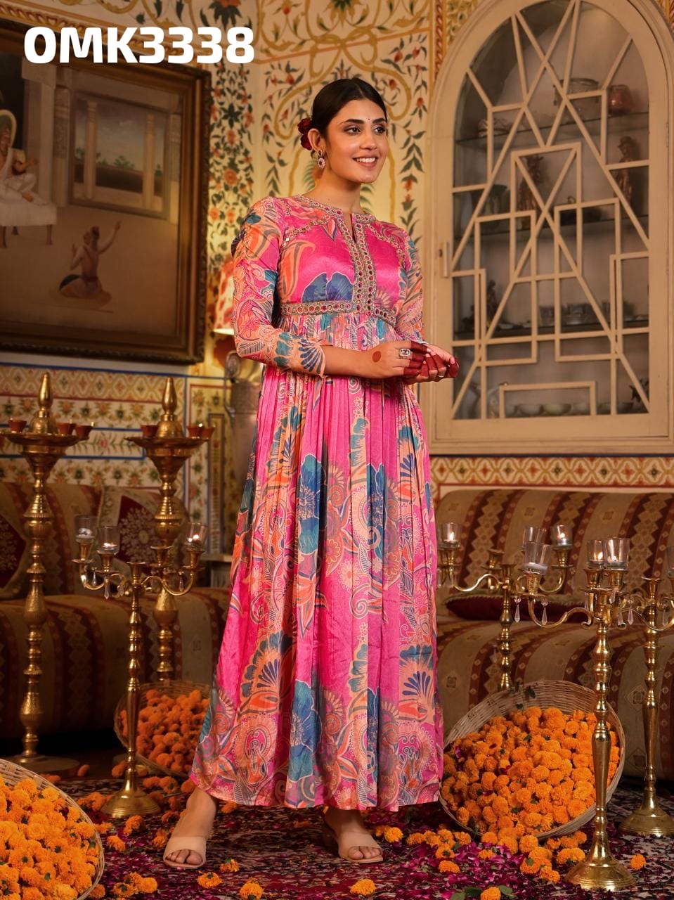 Pink floral long pure chinnon kurta set