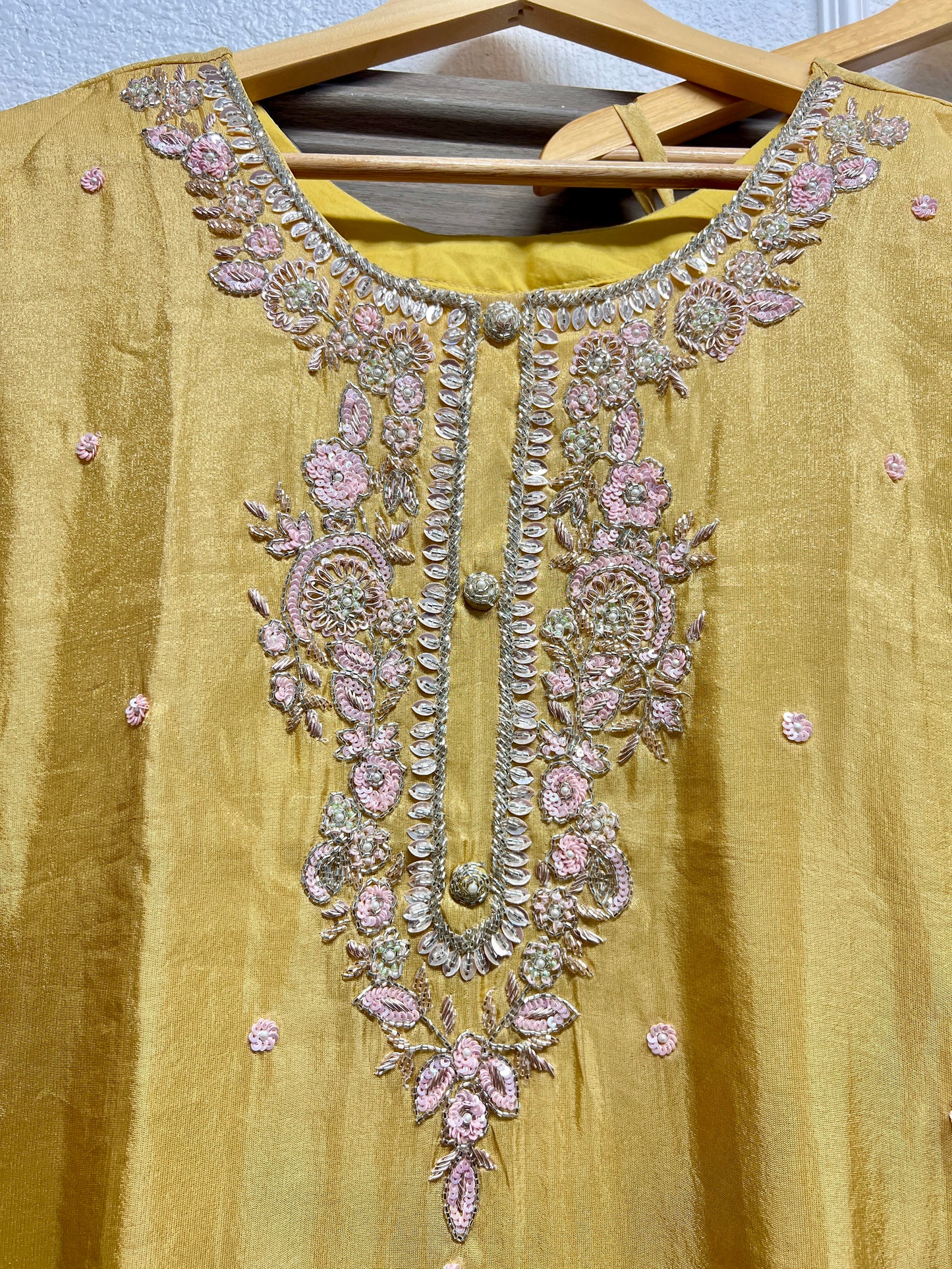 Lemon yellow pure shimmer tissue heavy handwork palazzo suit