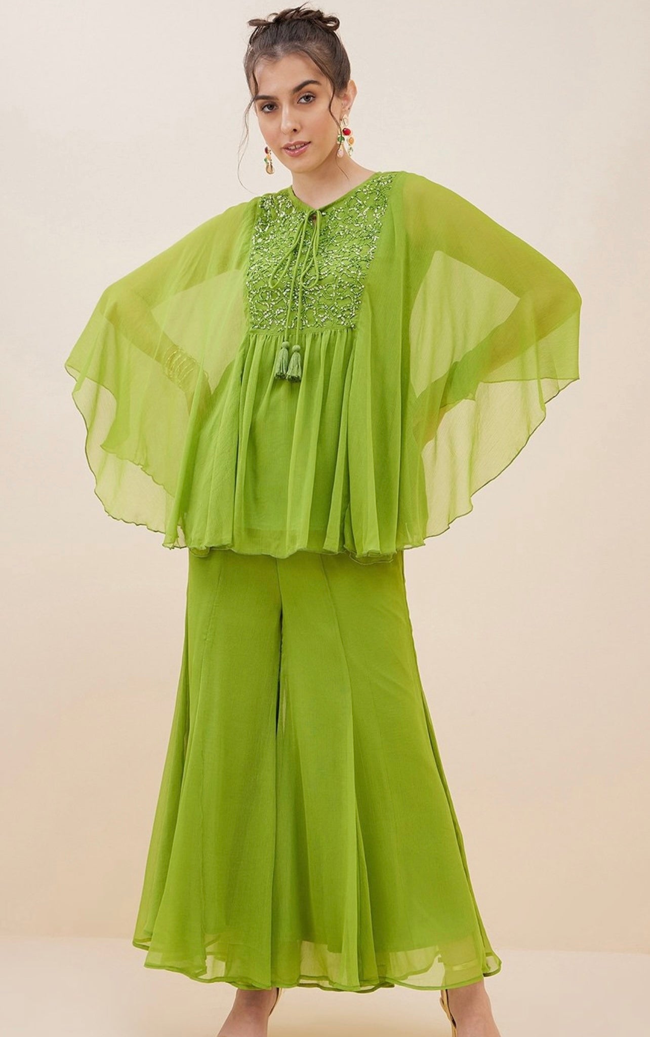 Parrot green stylish handwork pure georgette kaftan co-ord set