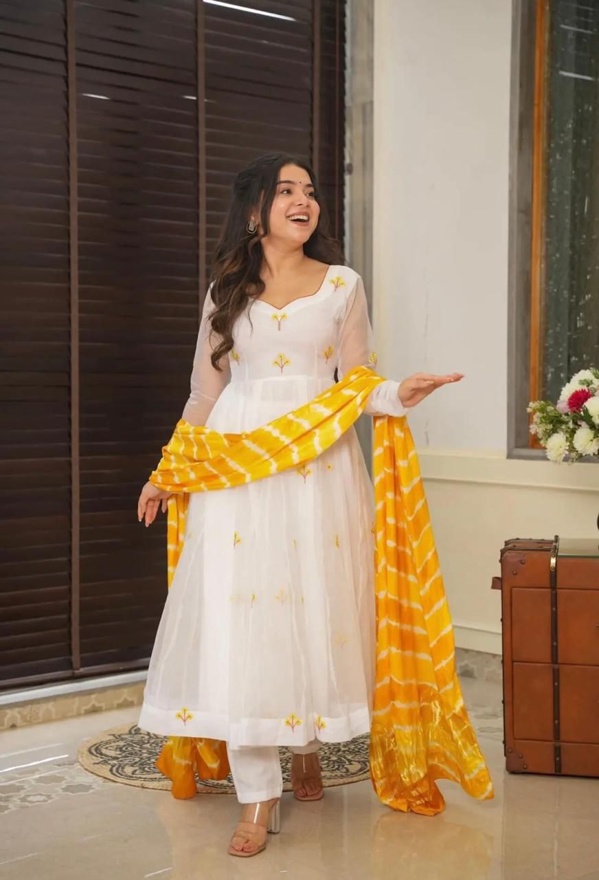 White georgette anarkali kurta set with leheriya dupatta