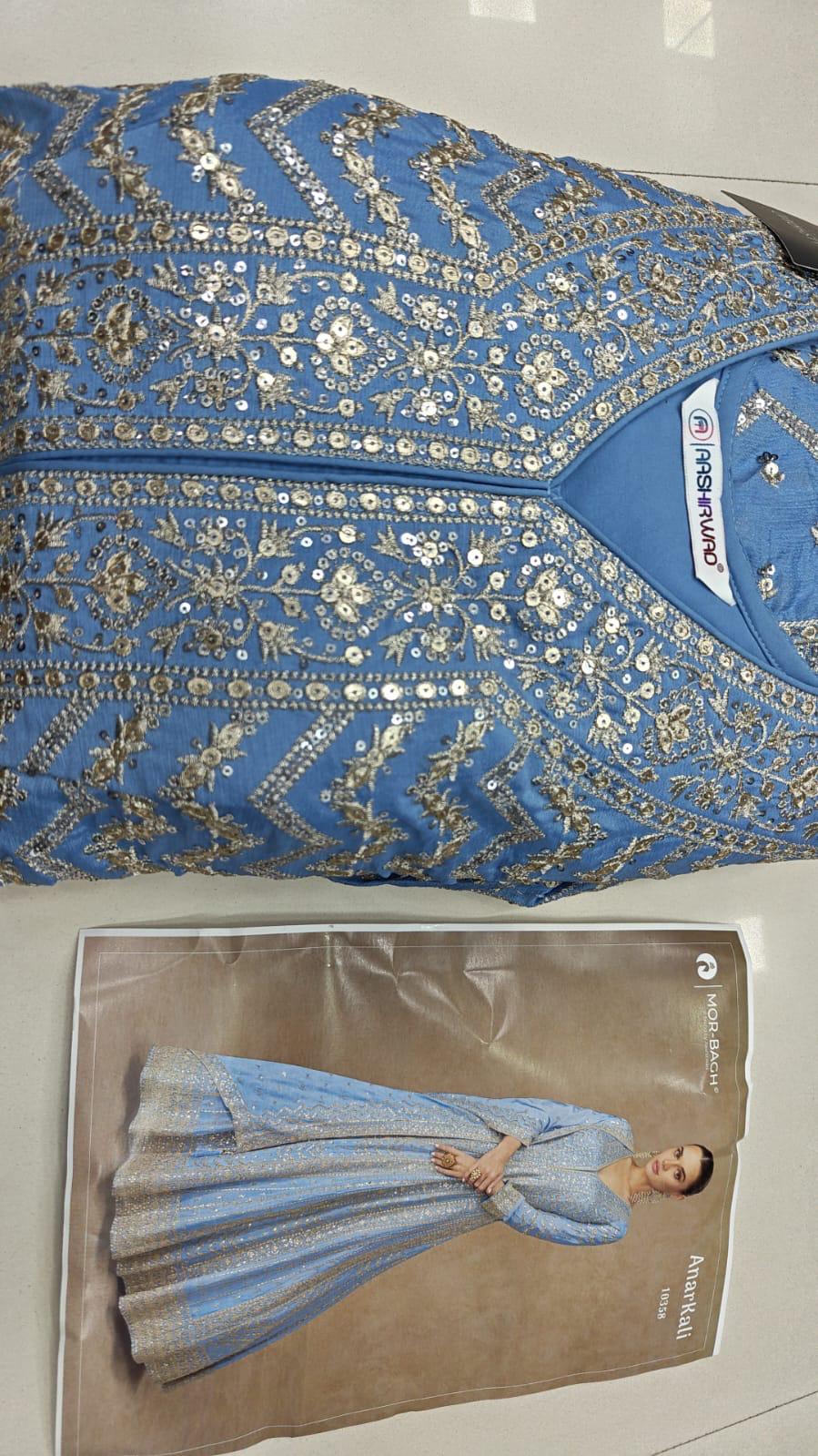 Aqua blue heavy long v neck elegant anarkali gown