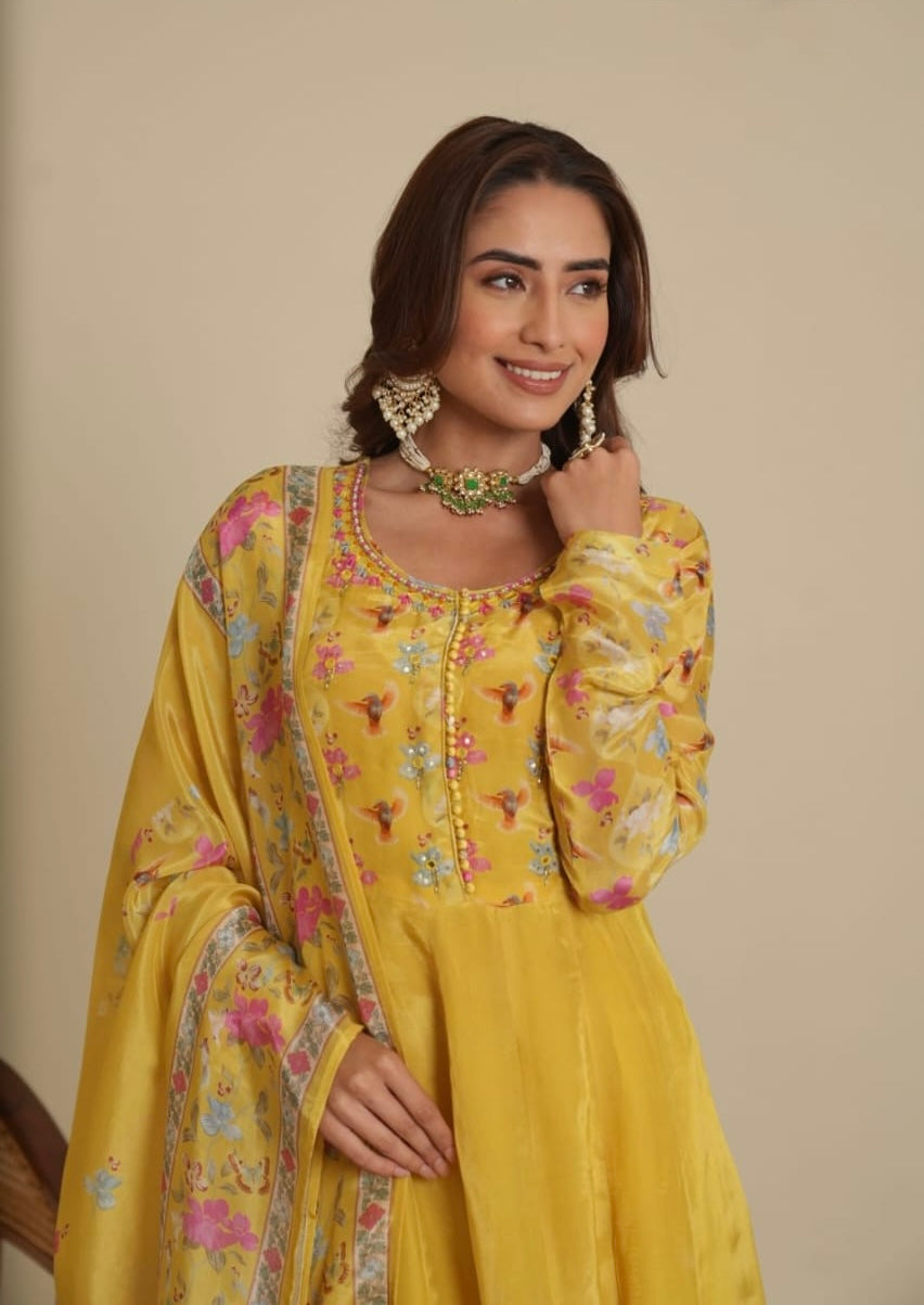 Lemon Yellow elegant floral anarkali kurta set