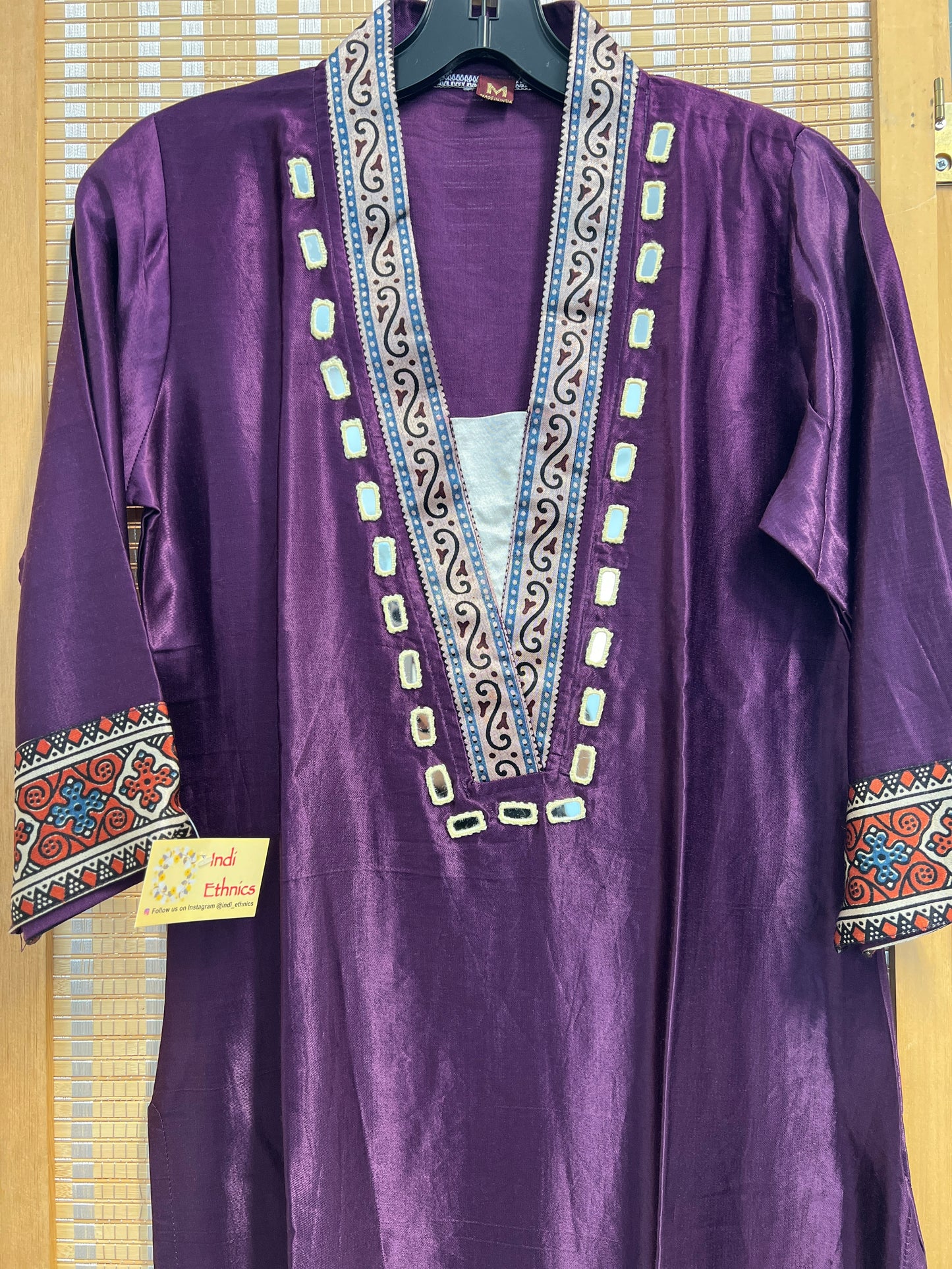 Violet pure gaji silk v neck kurti with real mirror work