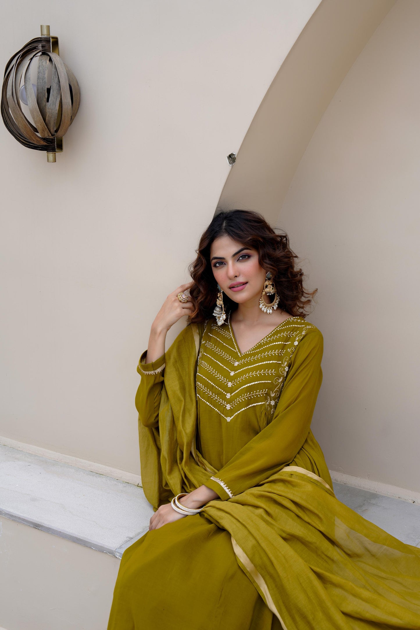 Green pure mul chanderi stunning A line suit