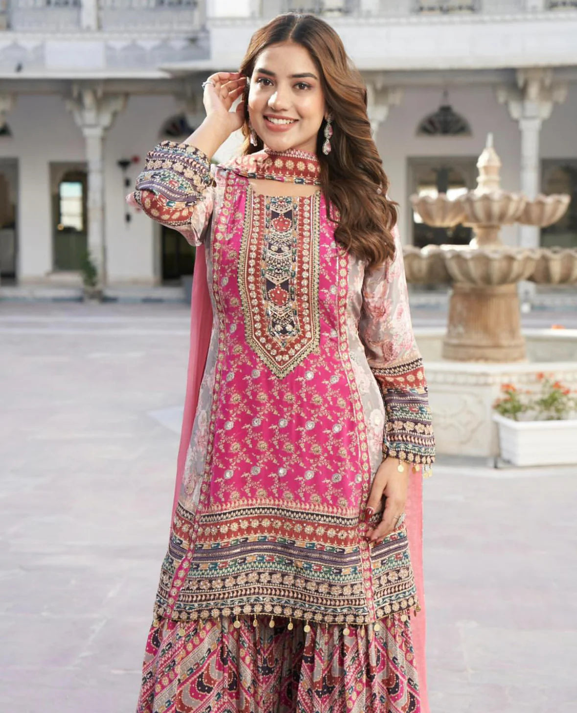 Pink pure crepe peplum stylish sharara set