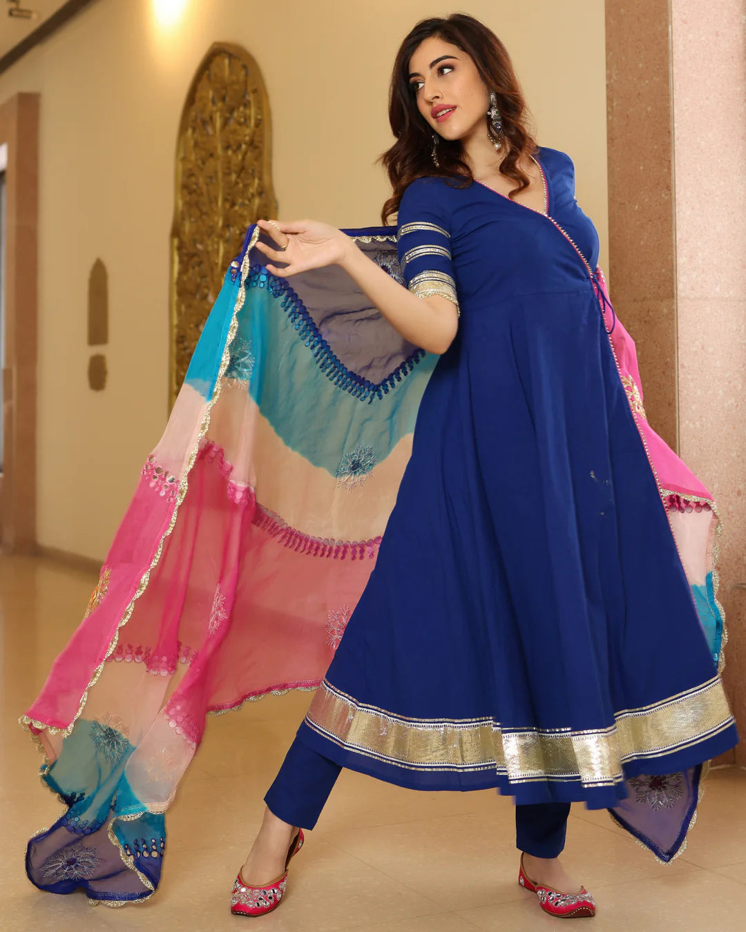 Plus size Blue solid anarkali suit with beautiful dupatta