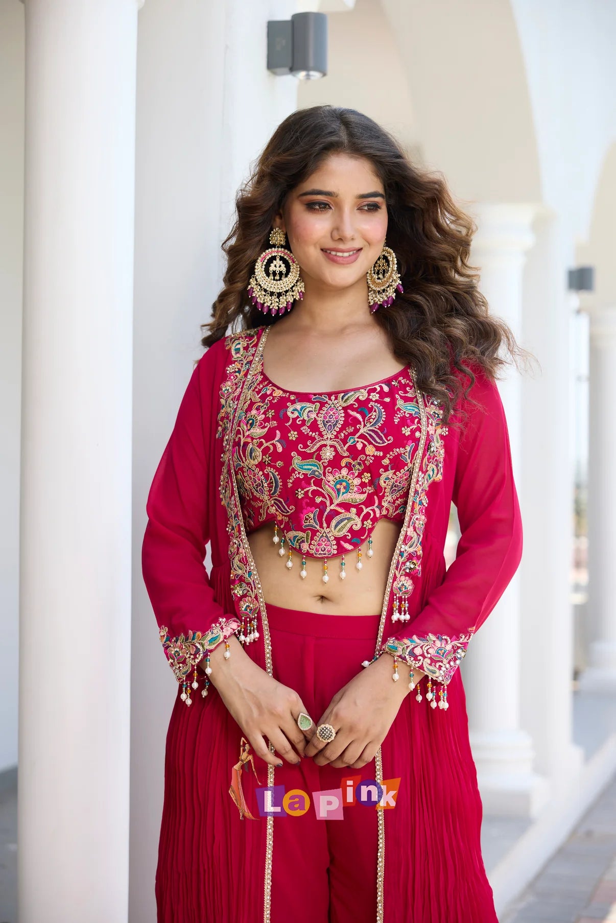 Hot magenta pink crop top palazzo and shrug indonwestern
