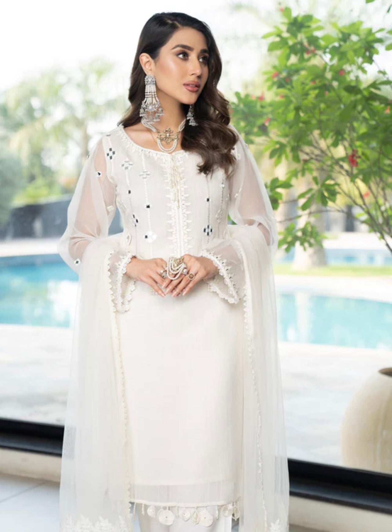 Pure White beautiful mirror work suit