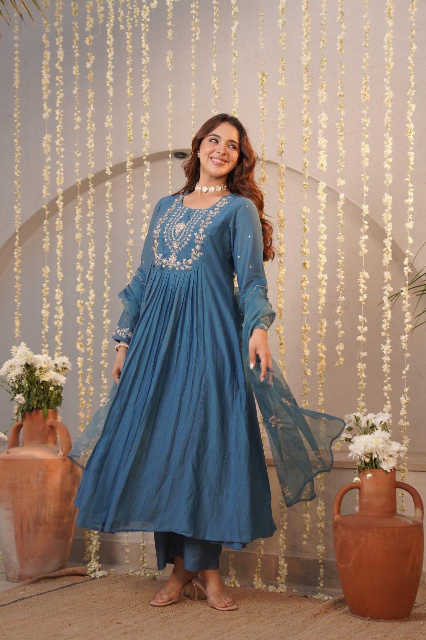 Blue pure mul chanderi A line suit