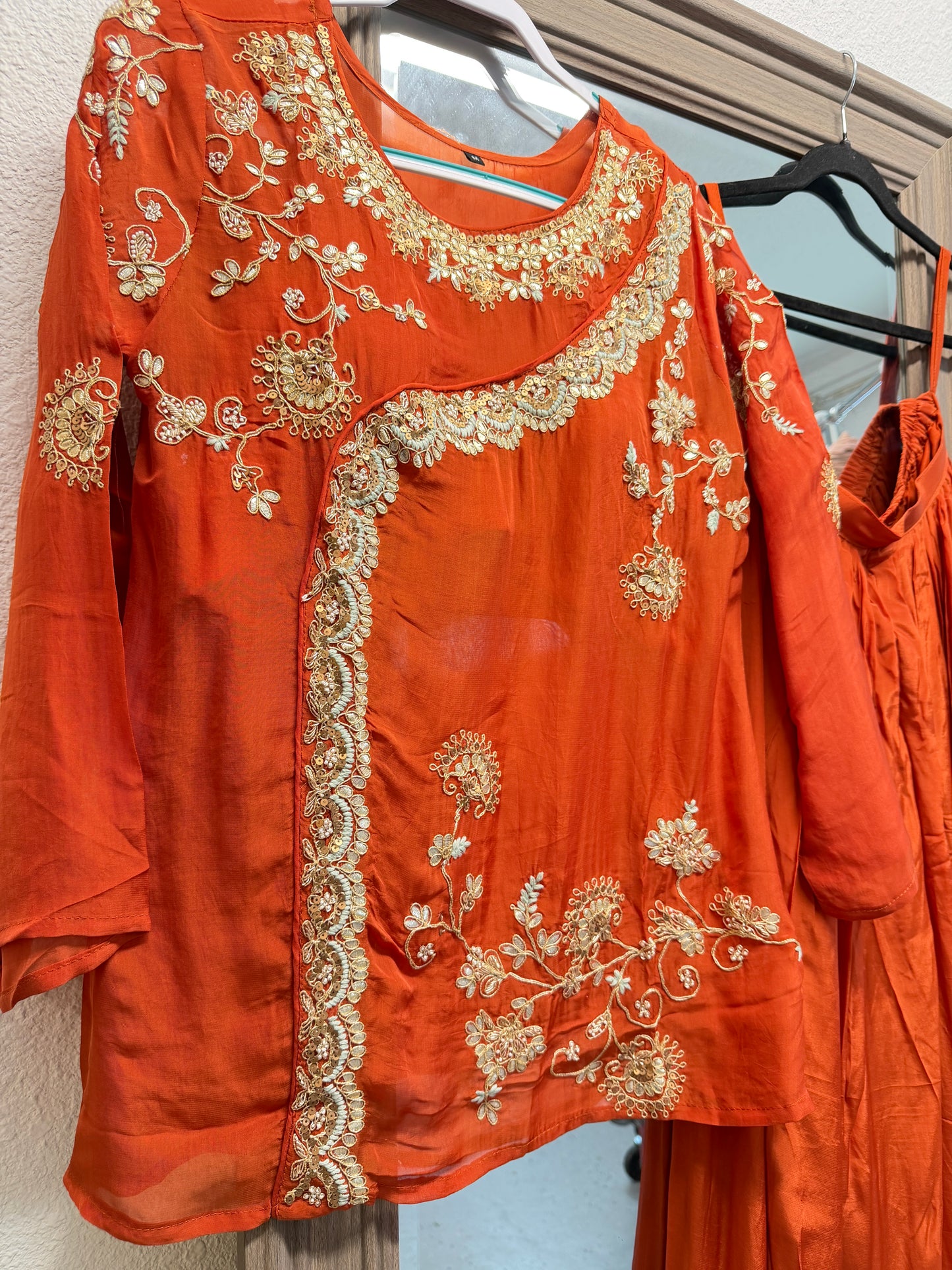 Rust orange short top with divider sharara pants