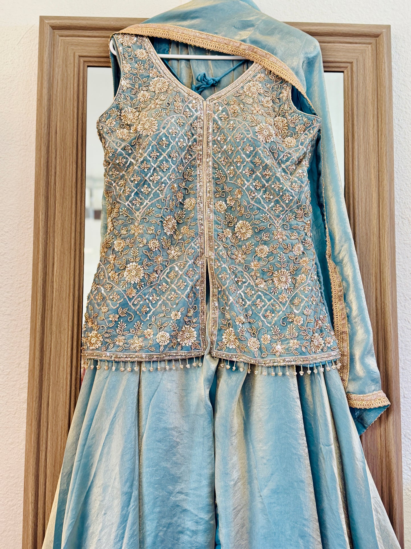 Ice blue heavy handwork (lightweight) fendy silk sharara suit