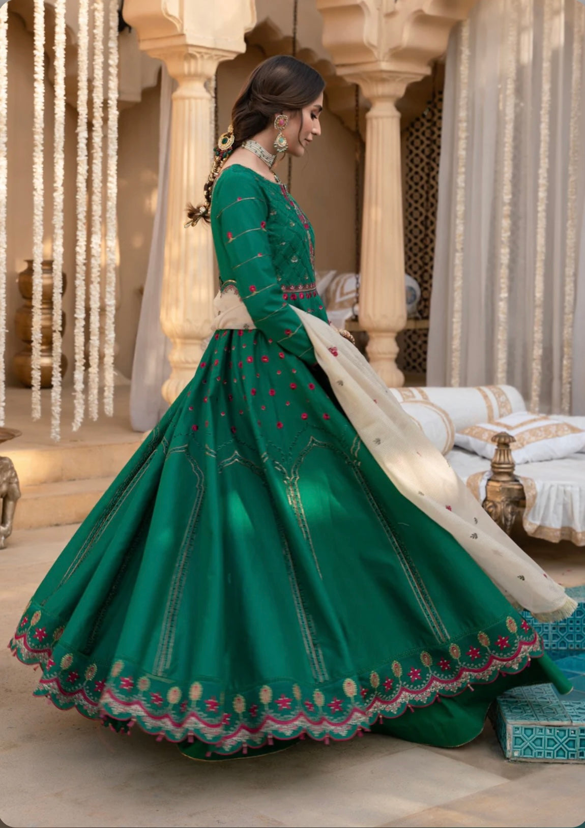 Bottle green flared anarkali kurta set