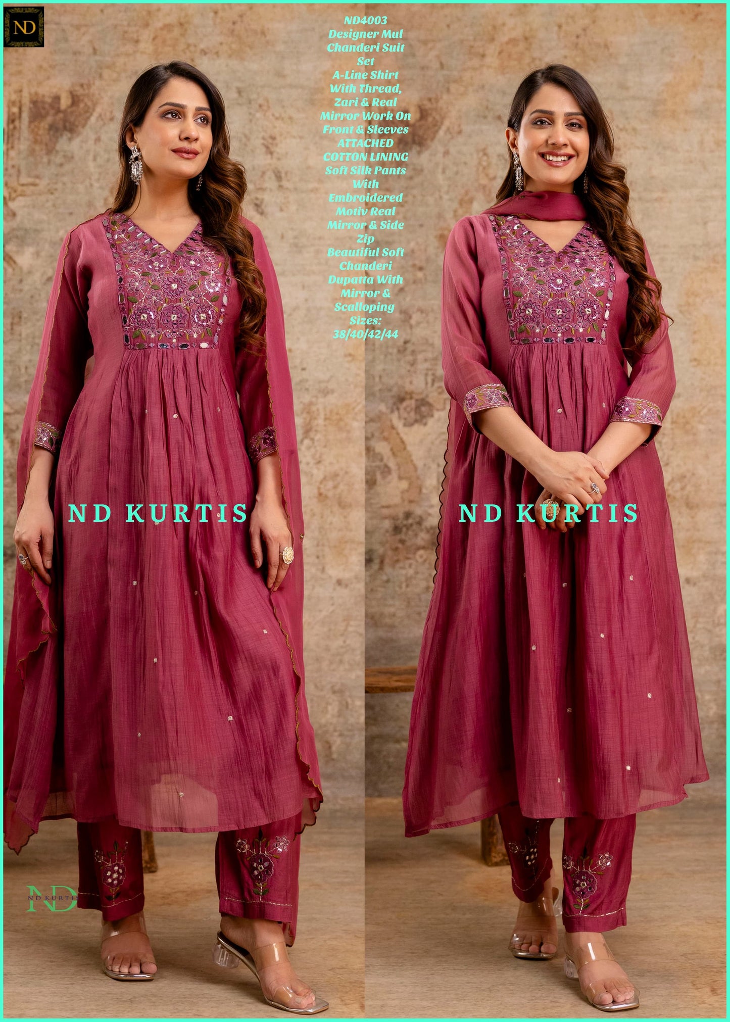 Maroon real mirror work mul chanderi kurta set