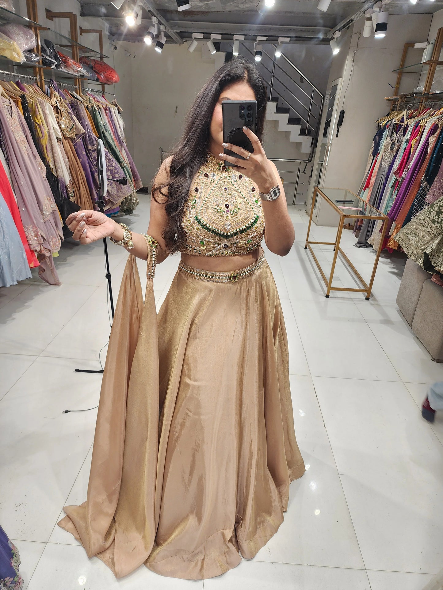 Gold heavy handwork halter neck lehenga