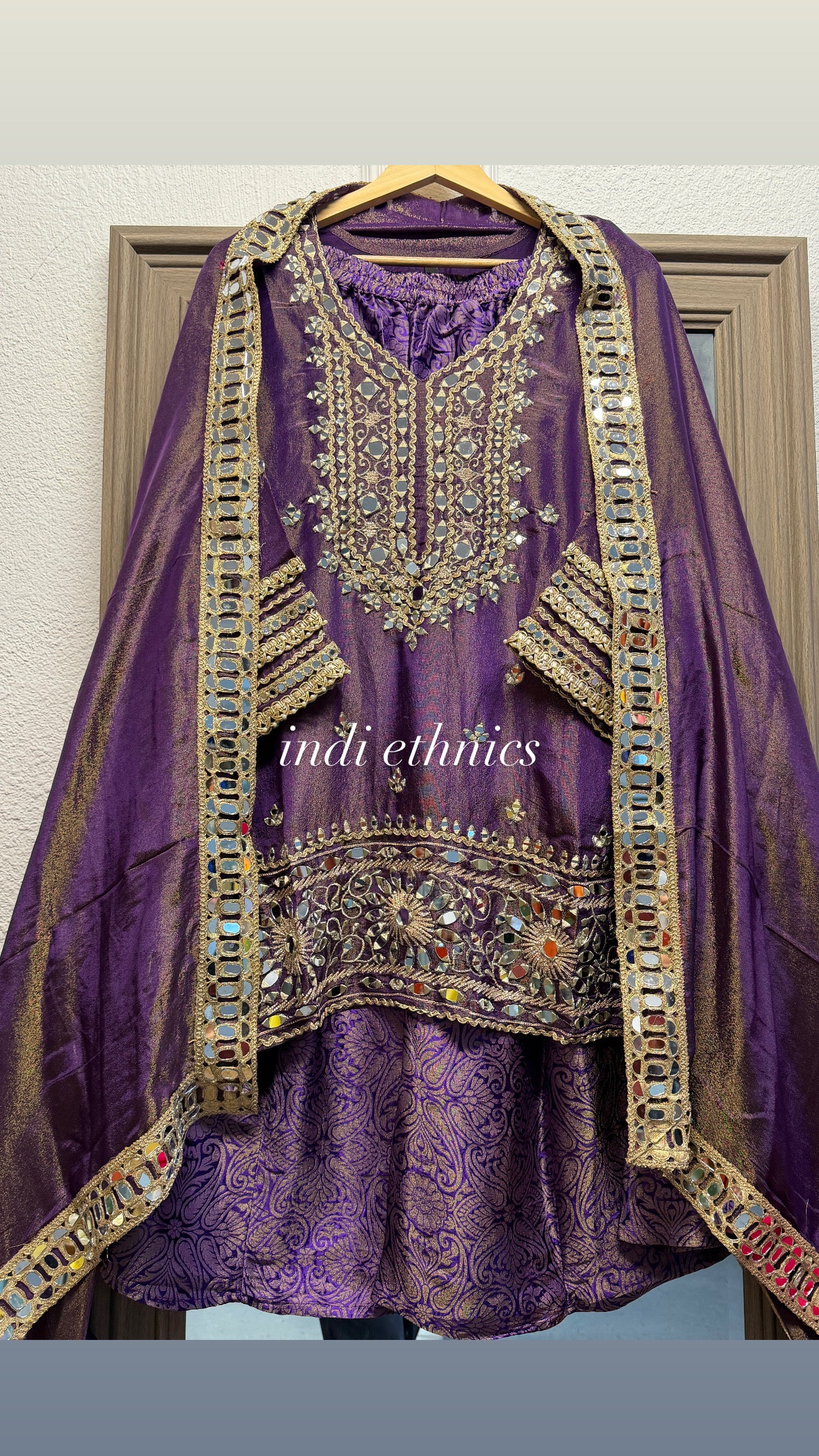 Purple heavy real mirror work pure tissue shimmer brocade sharara suit