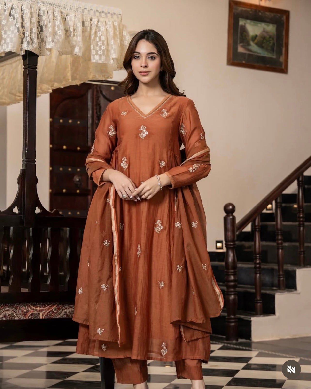 Rust pure mul chanderi embroidered suit