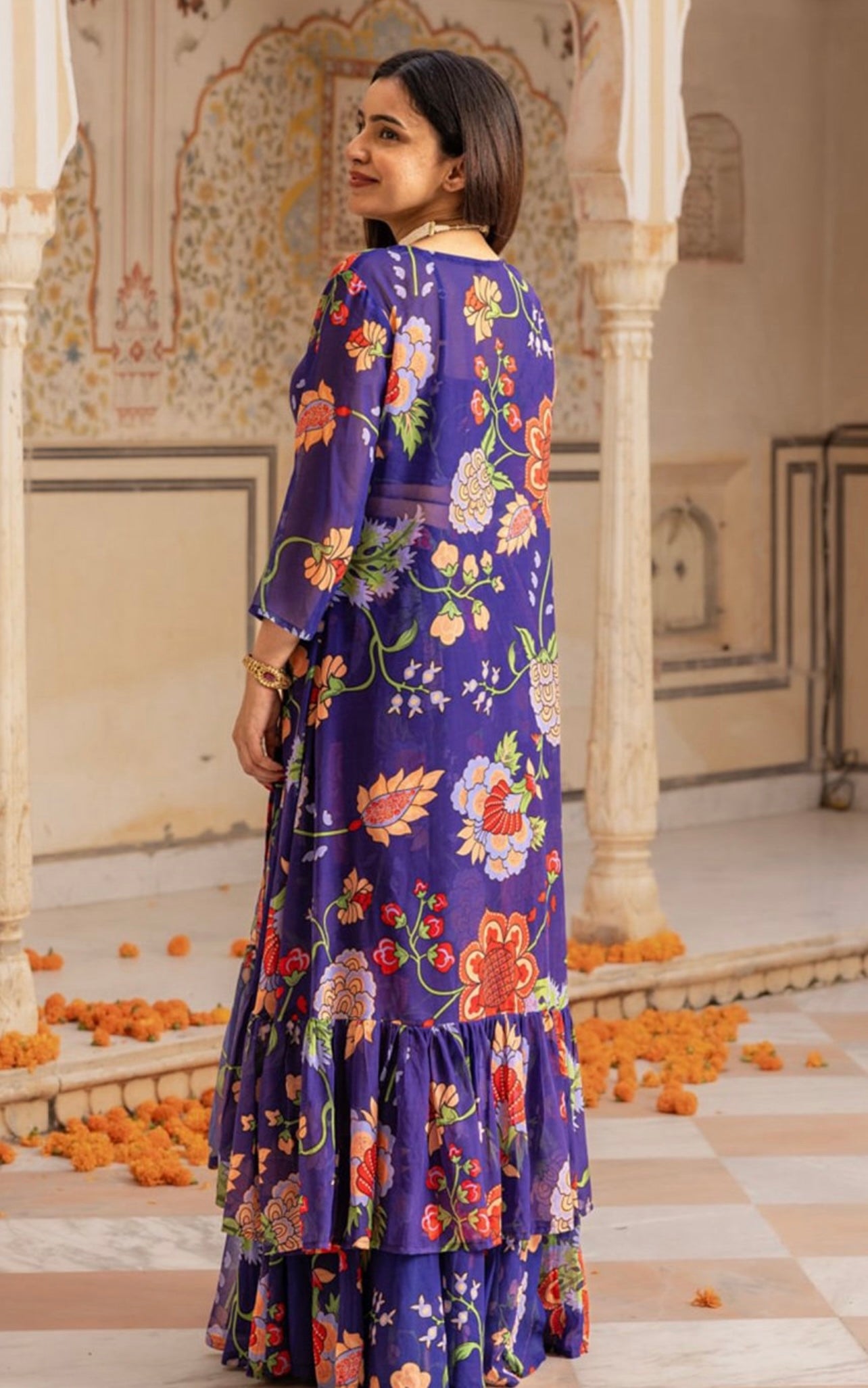 Purple floral crop top skirt and shrug co-ord set