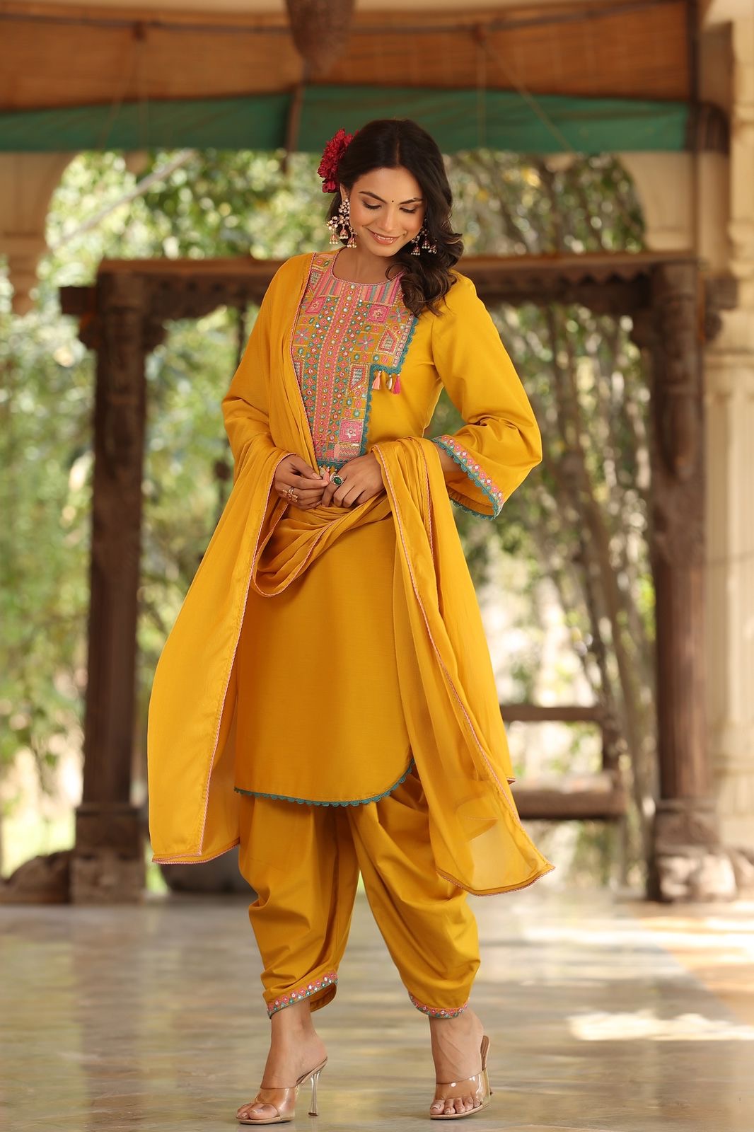 Yellow embroidered yoke kurta set