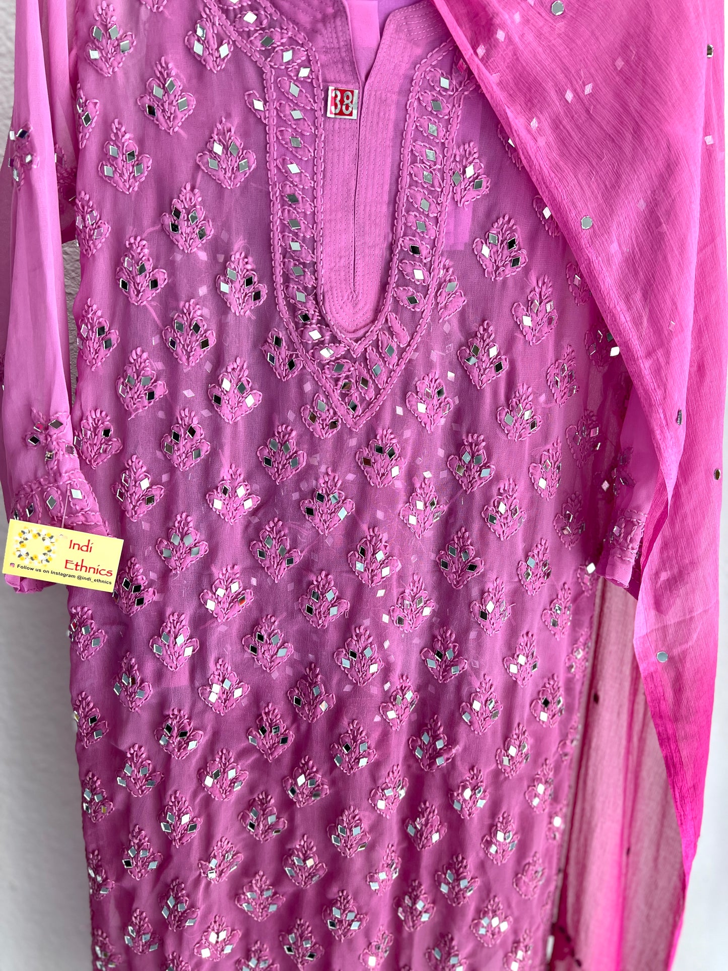 Hot Pink ombre heavy mirror chikankari suit