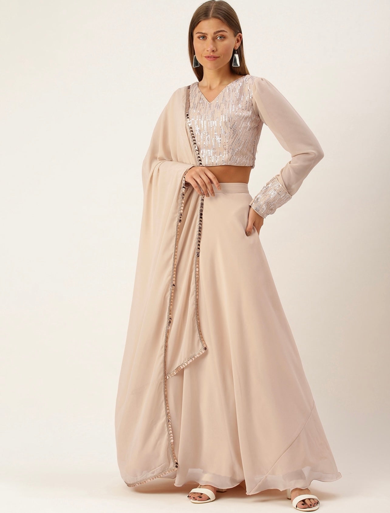 Beige sequin work lehenga choli and dupatta