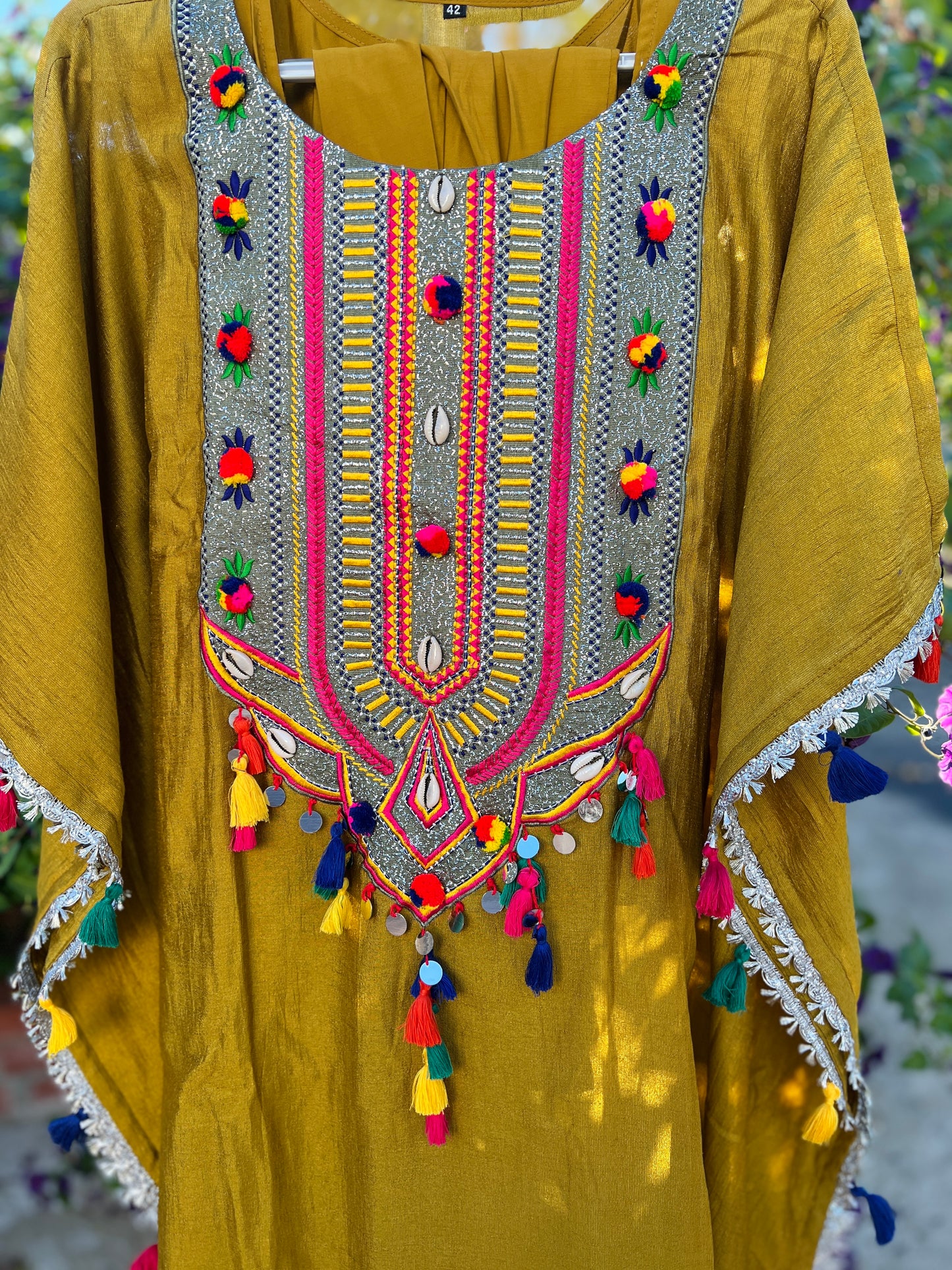 Mustard heavy embroidered trendy kaftan set with tassels